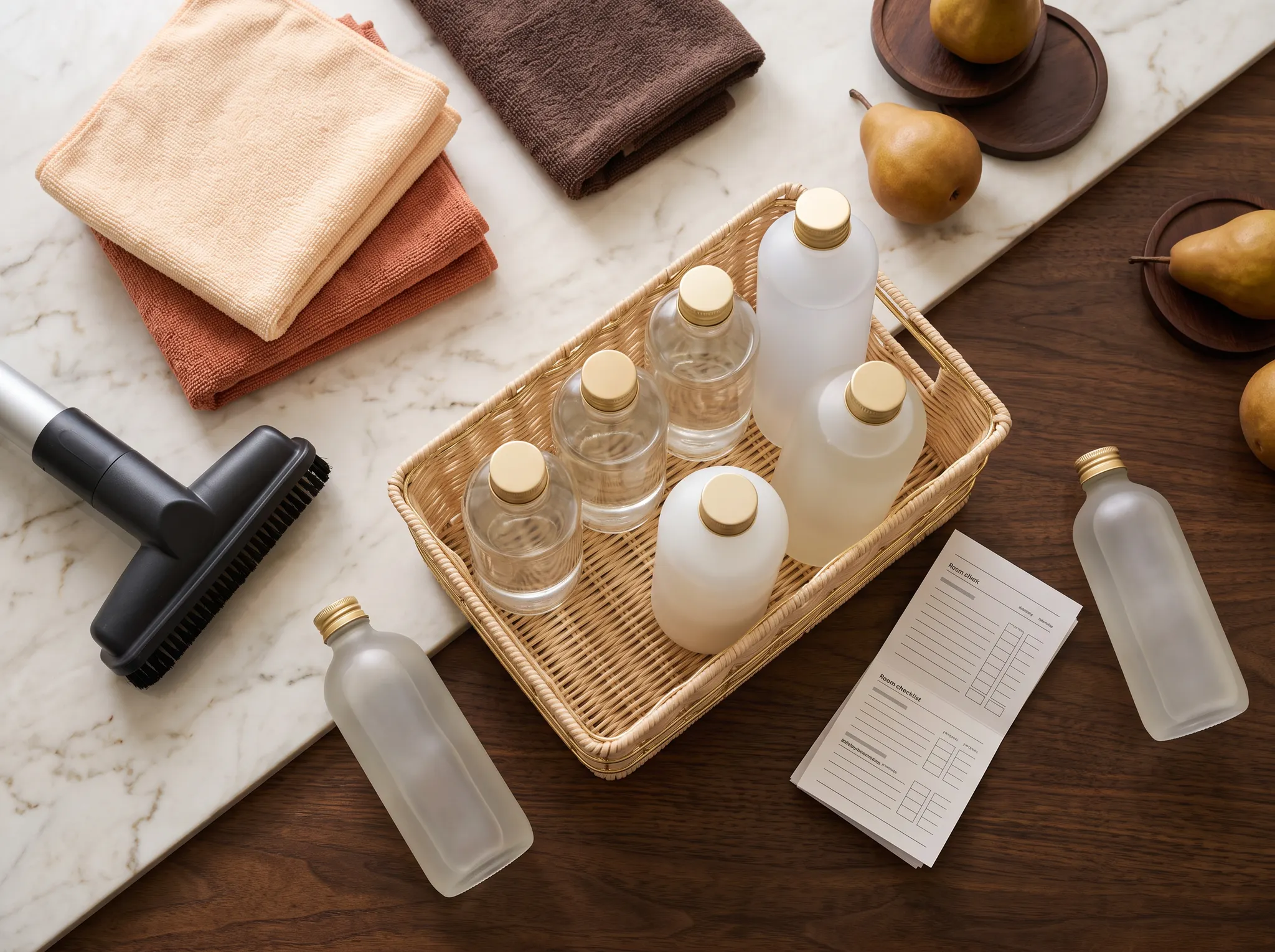 Microfiber cloths, vacuum attachment, cleaning bottles, and a blank room checklist arranged on marble and wood