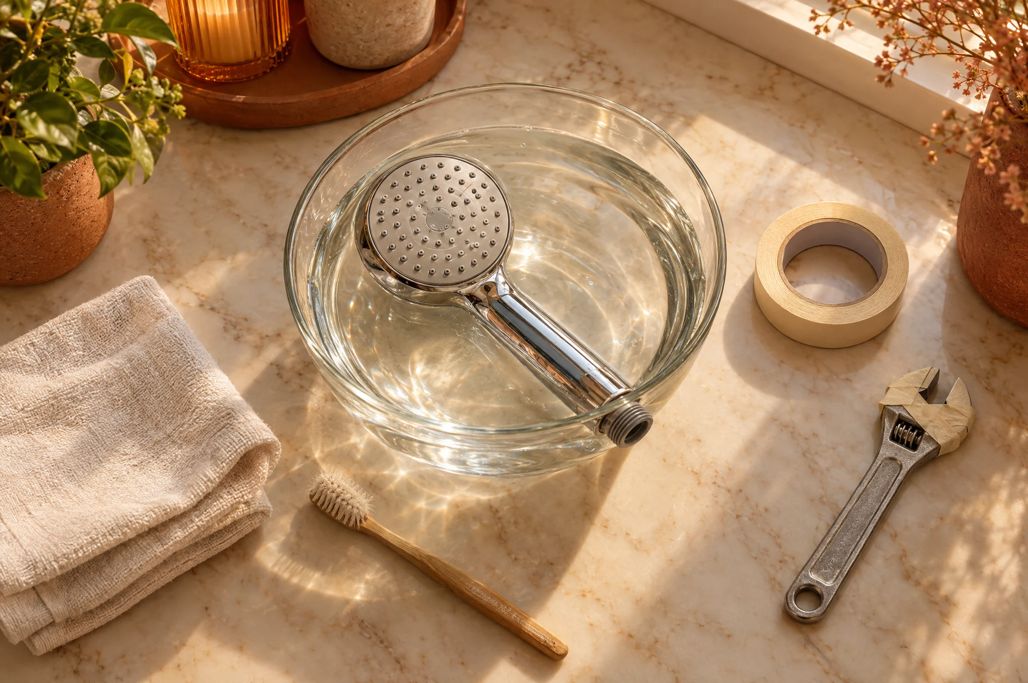 Detached chrome handheld shower head soaking in a glass bowl beside a soft toothbrush, a folded cloth, masking tape, and a tape-wrapped wrench