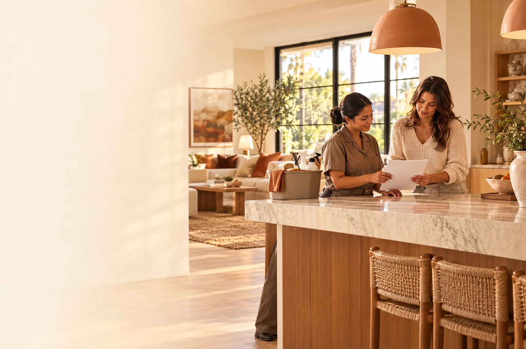 Los Angeles homeowner and professional cleaner reviewing service details together in a warm modern home