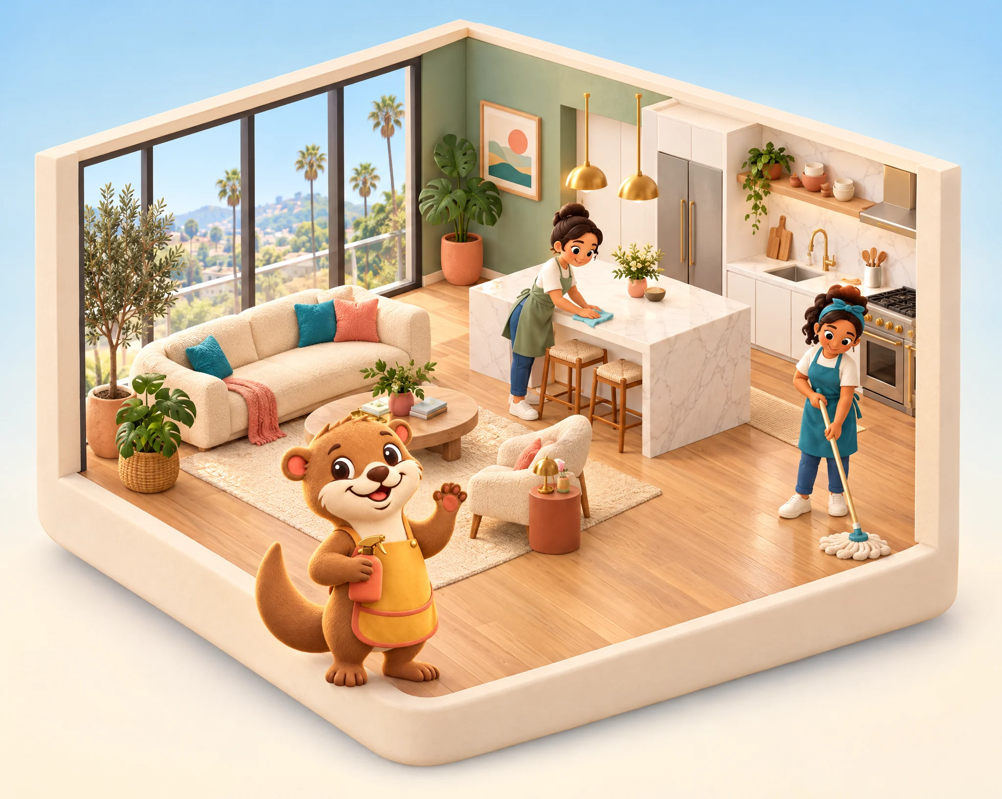 Sunlit, immaculately cleaned LA living room kept spotless with weekly house cleaning