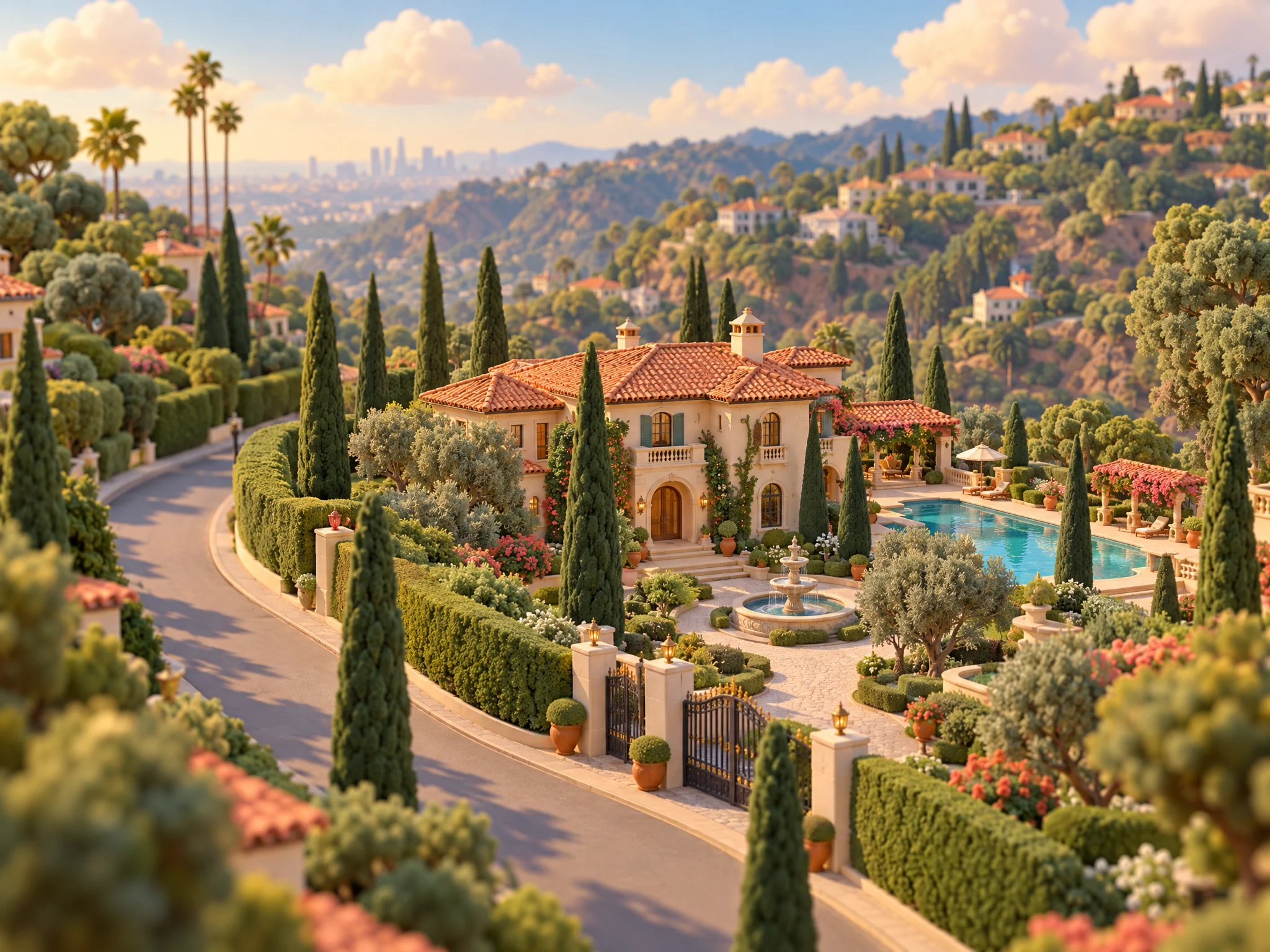 3D illustration of hillside estates and gardens in Bel Air