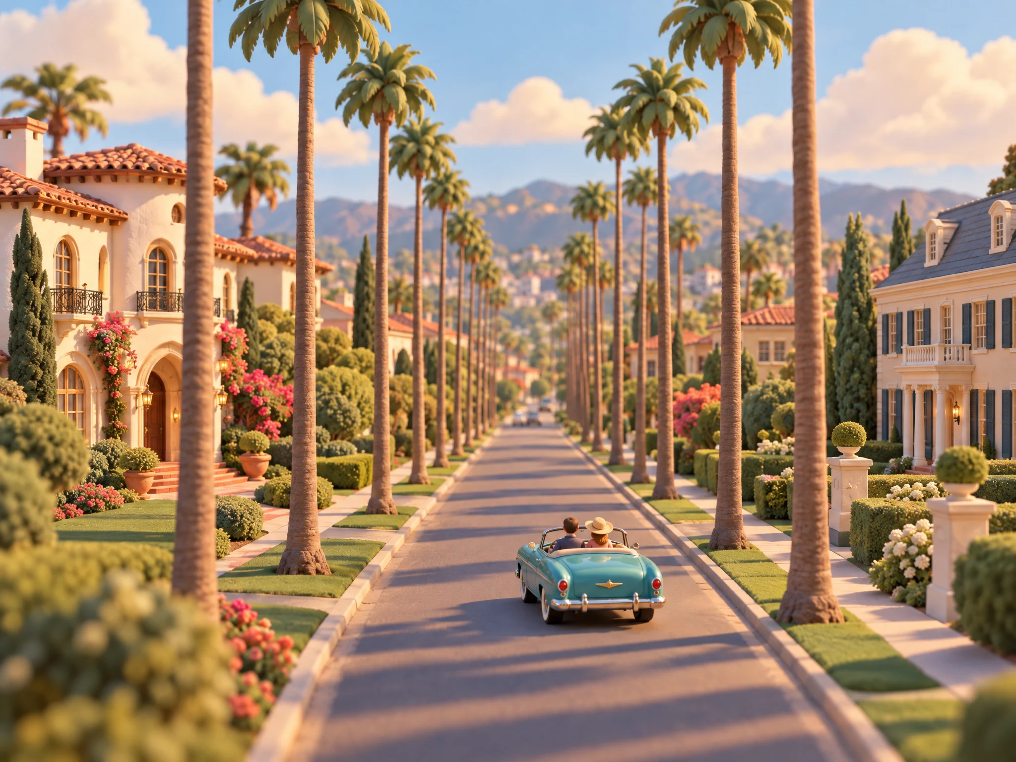 3D illustration of a palm-lined Beverly Hills street