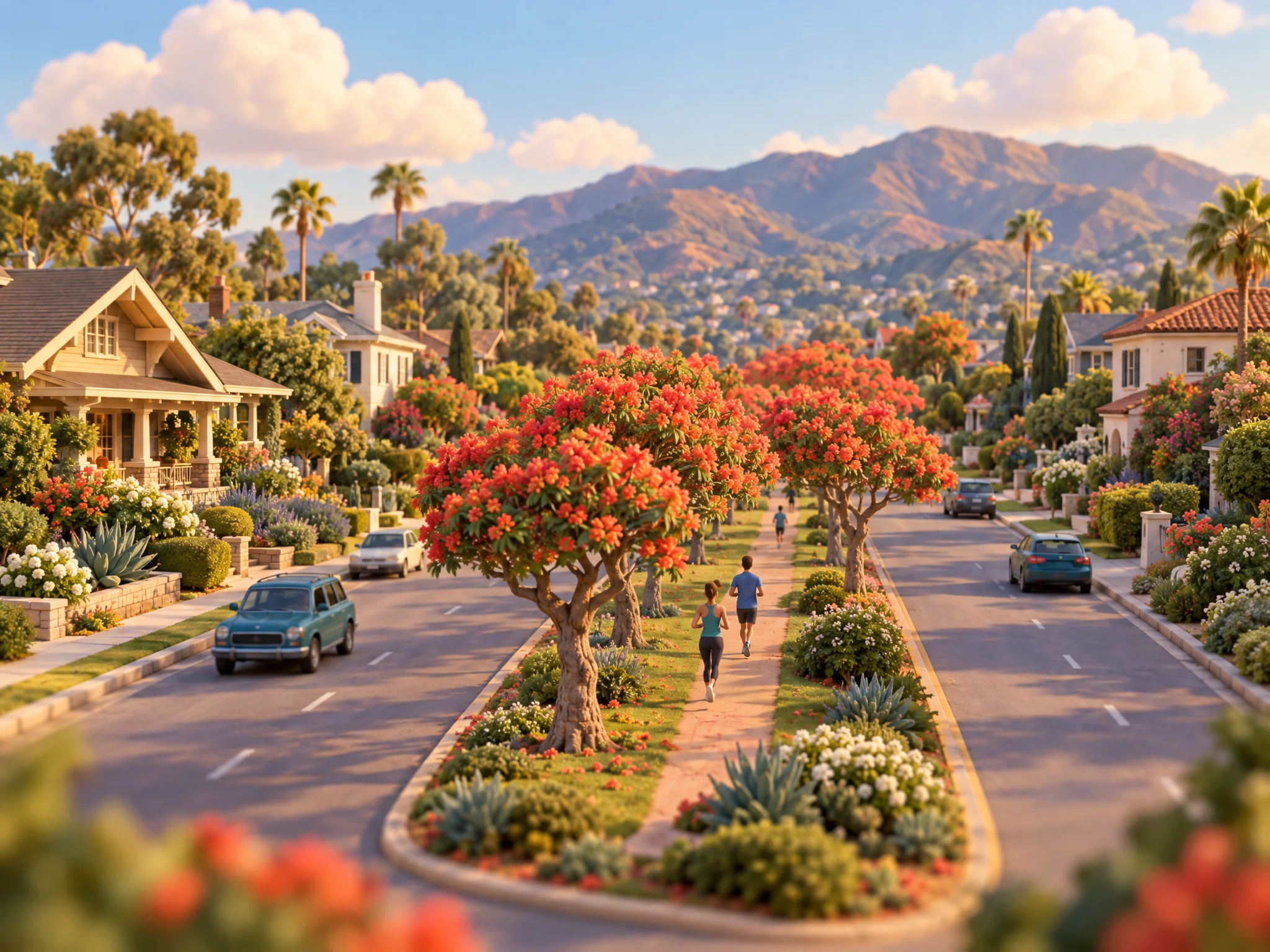 3D illustration of a leafy Brentwood neighborhood