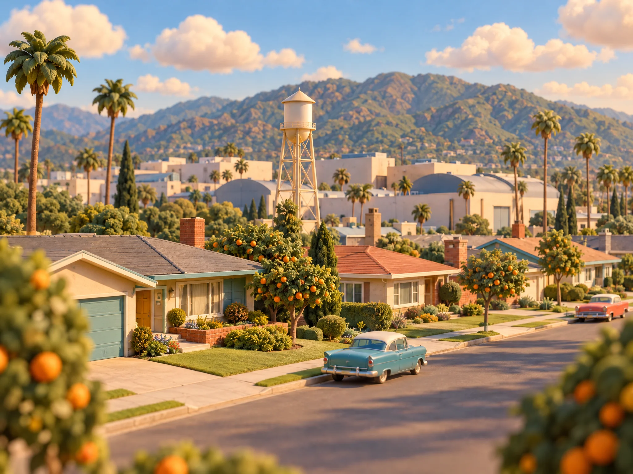 3D illustration of a sunny Burbank neighborhood