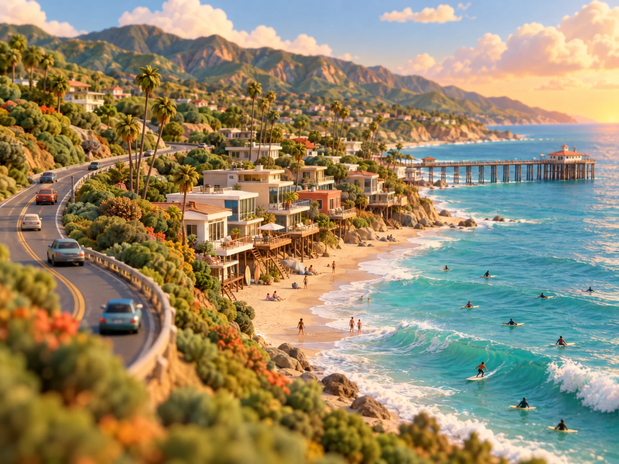 3D illustration of the Malibu coastline and beach homes