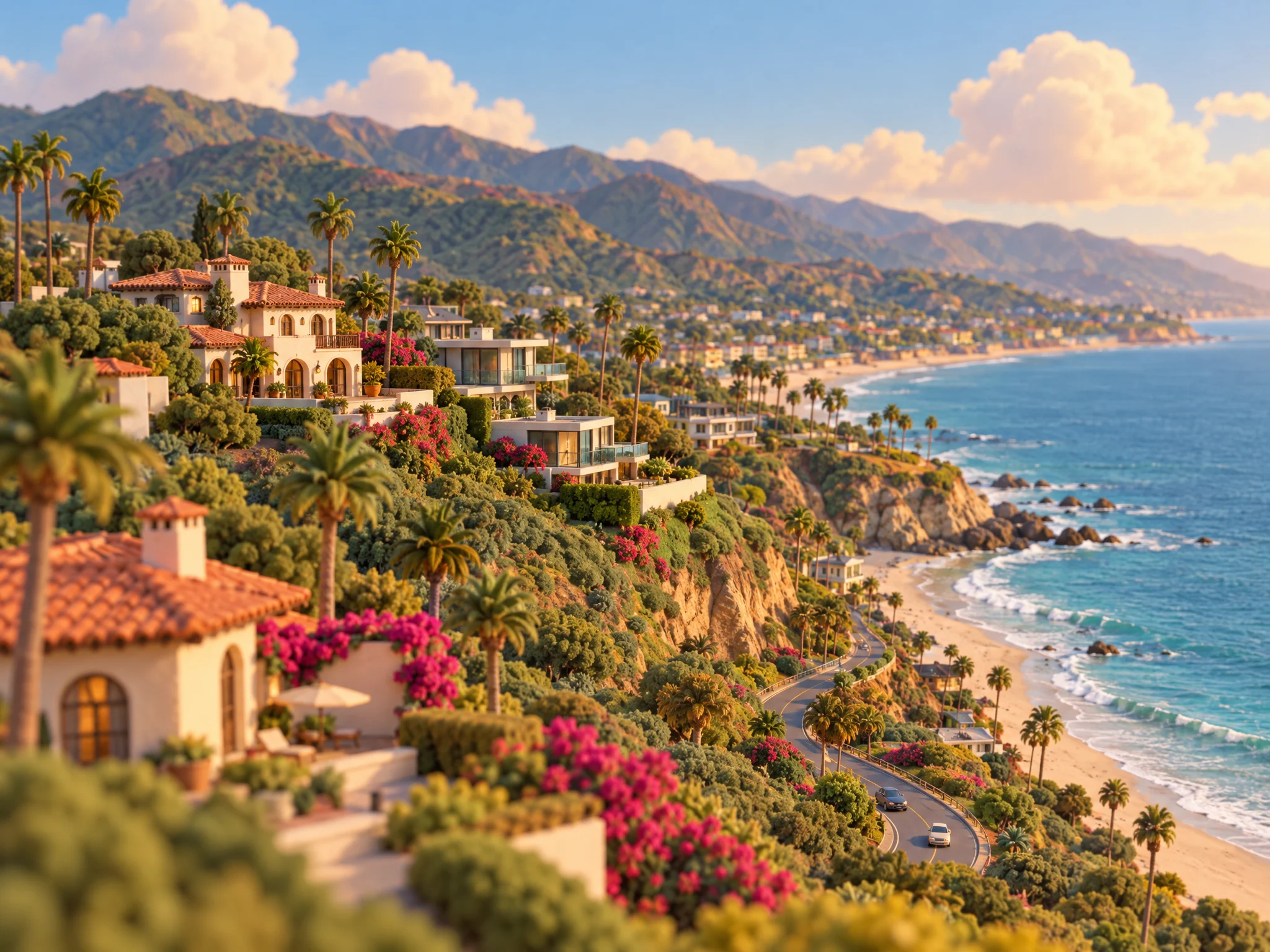 3D illustration of Pacific Palisades bluffs and homes above the ocean