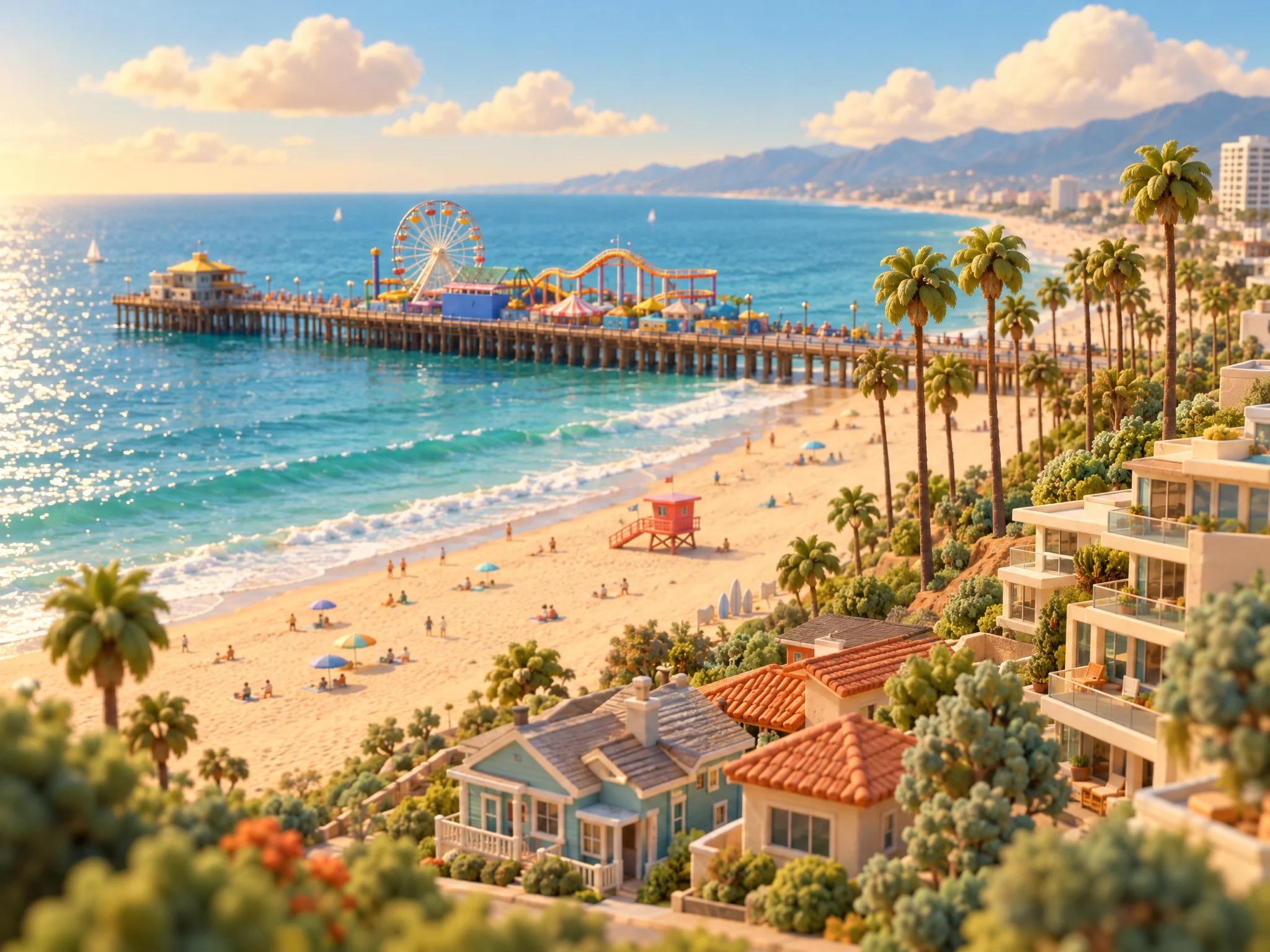 3D illustration of the Santa Monica pier, beach and coastal homes