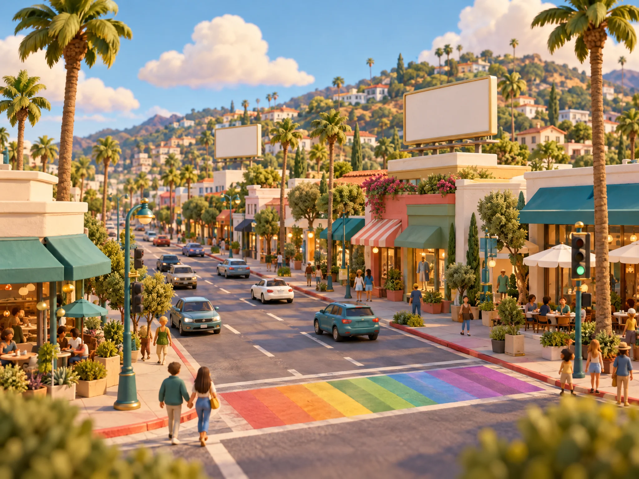 3D illustration of a West Hollywood boulevard with a rainbow crosswalk