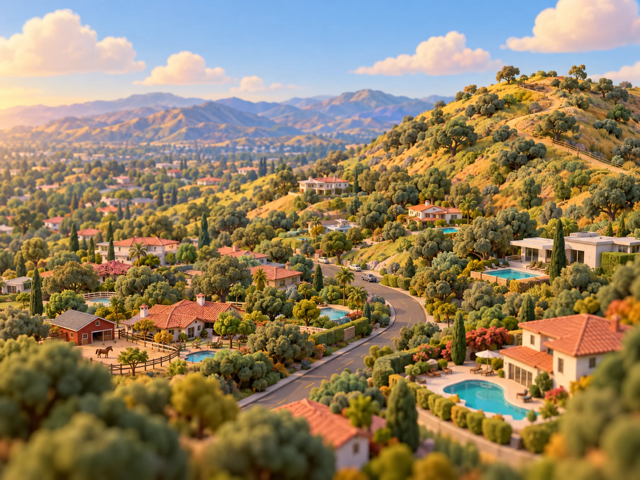 3D illustration of oak-covered hills and homes in Woodland Hills