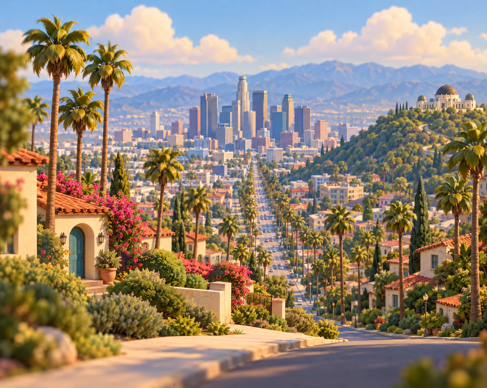 3D illustration of Los Angeles with palm-lined streets, hillside homes, the downtown skyline and a hilltop observatory