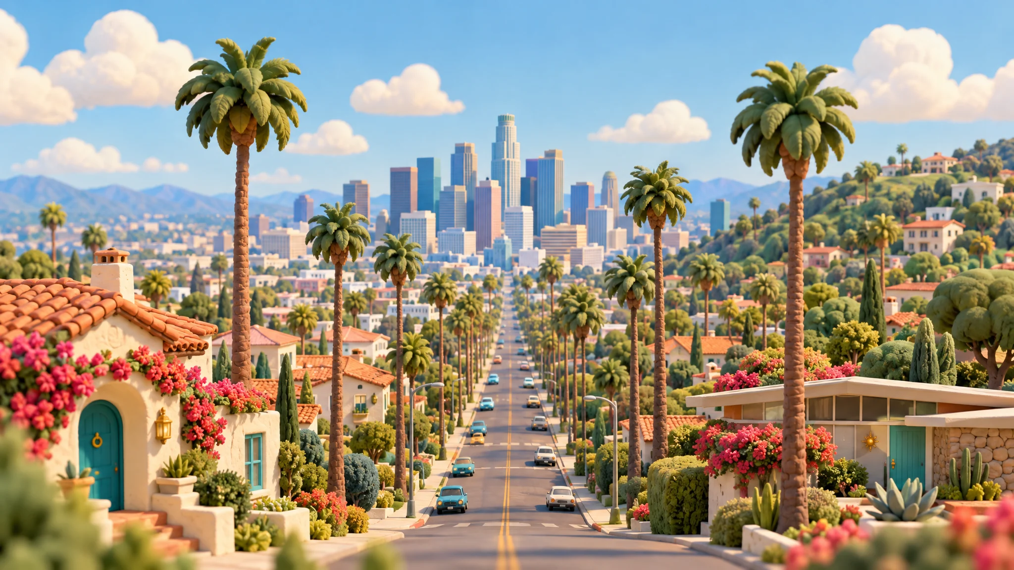 Golden-hour Los Angeles skyline framed by palm trees