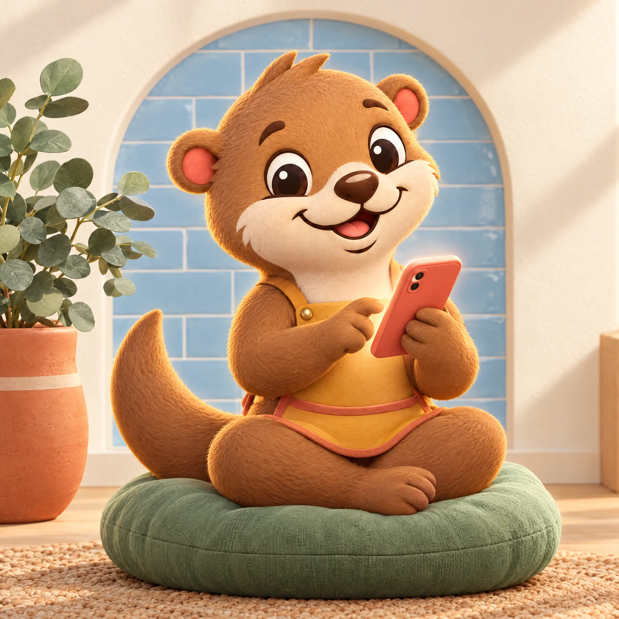 3D illustration of the La La Land otter mascot booking a cleaning on a phone