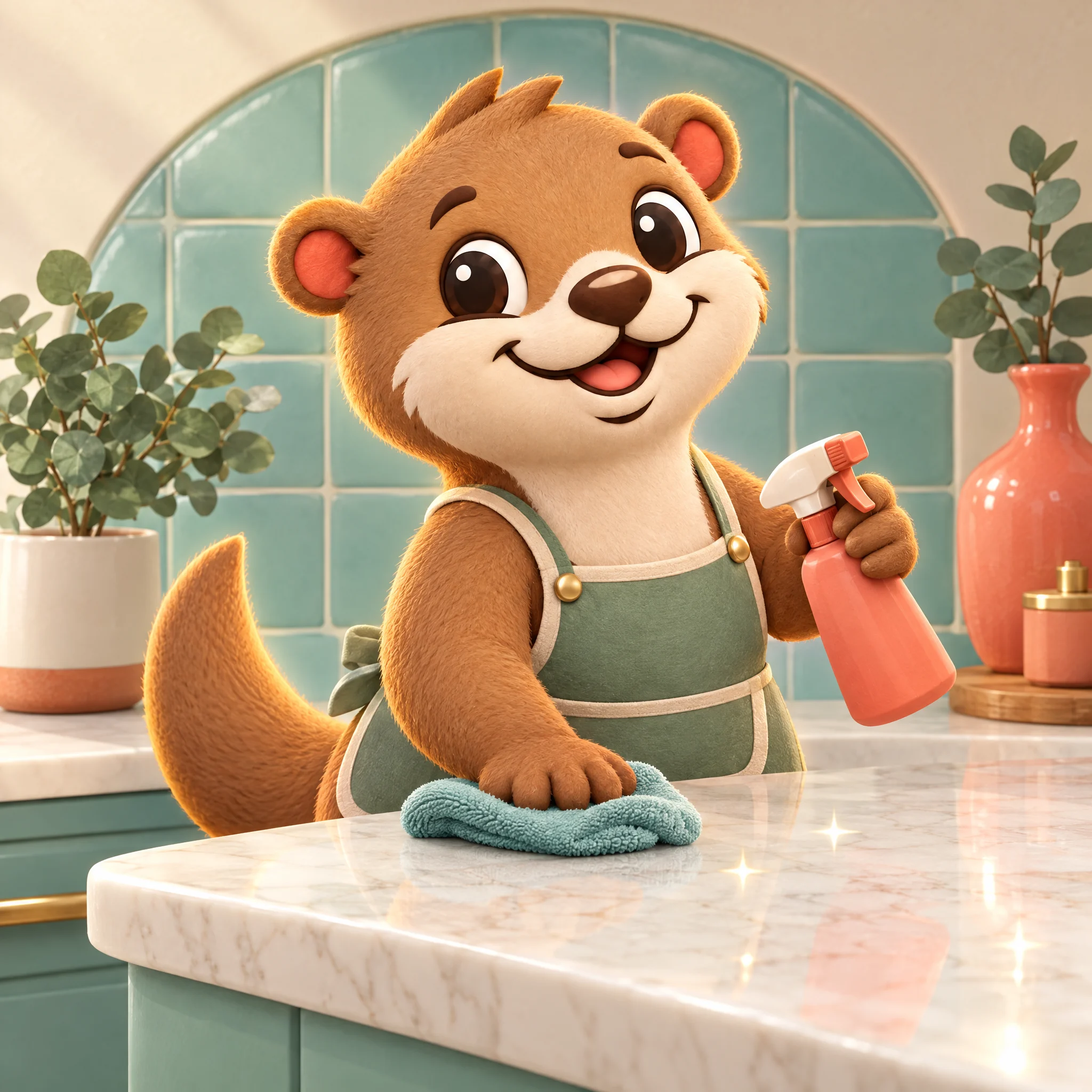 3D illustration of the otter mascot wiping a marble counter in a teal-tiled kitchen