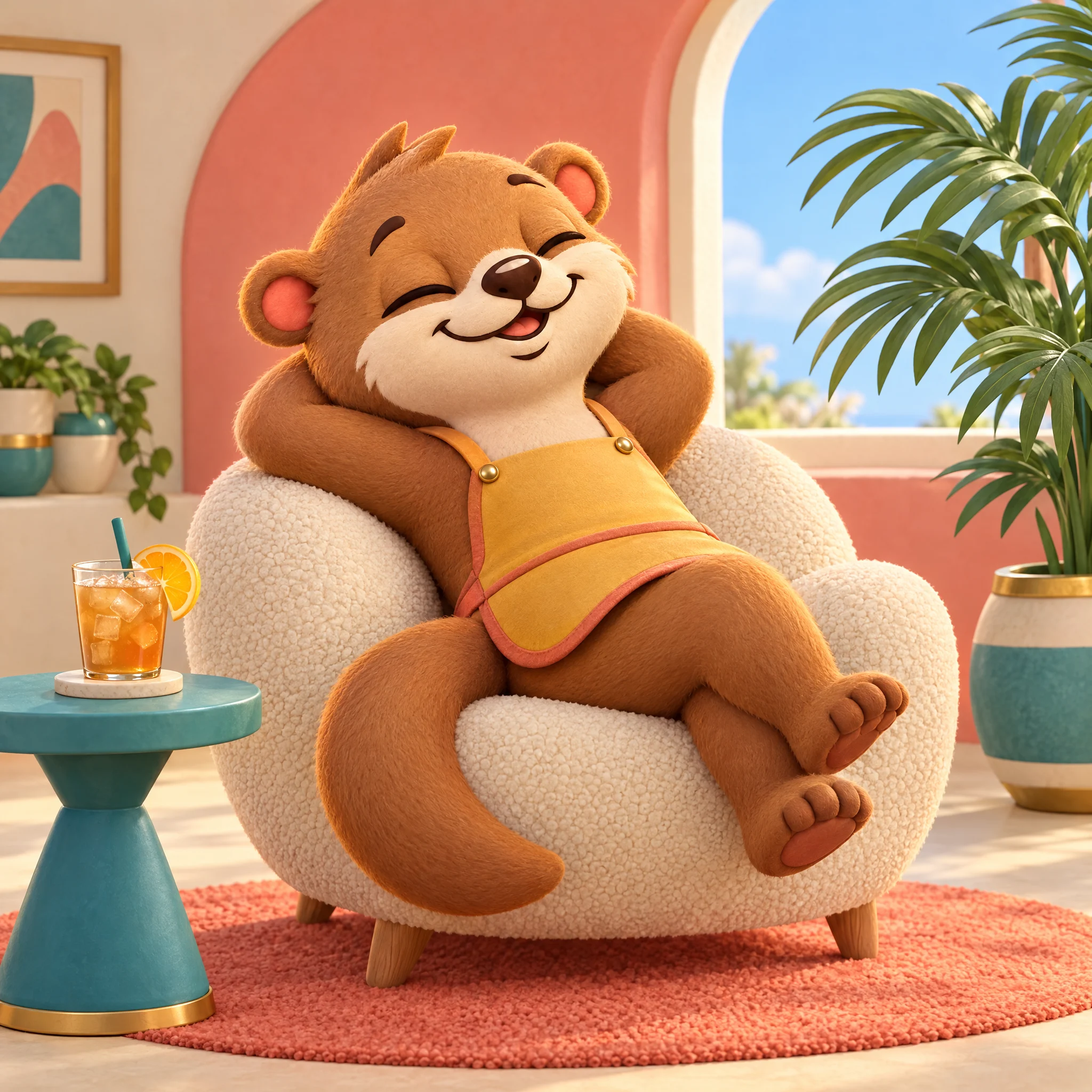 3D illustration of the otter mascot relaxing in an armchair with an iced drink