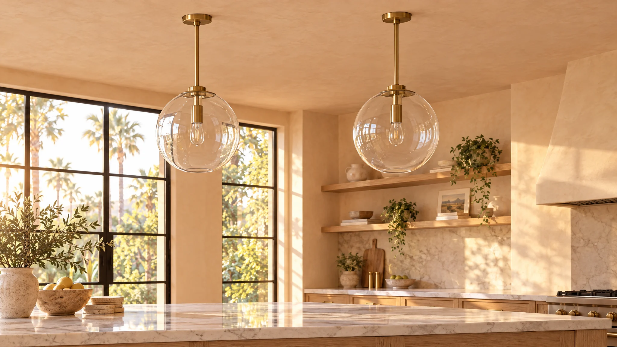 Switched-off clear glass globe pendants with brass fittings above a sunlit marble kitchen island
