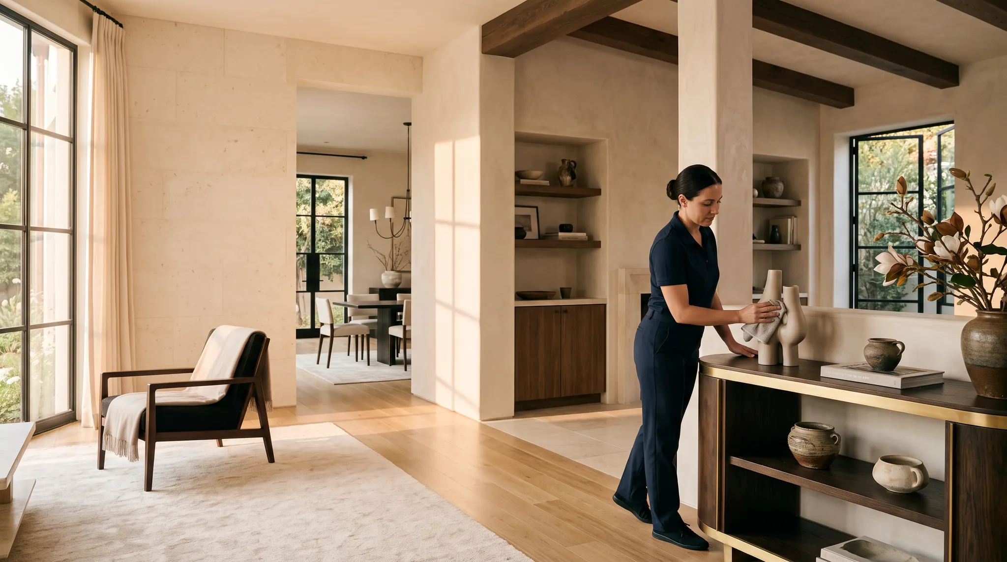 Professional cleaner detailing a sunlit luxury residence in Los Angeles