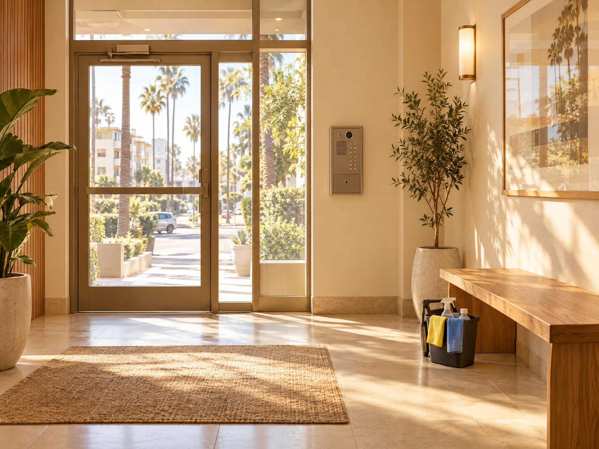 Sunlit Los Angeles apartment lobby with an entry callbox and cleaning tote