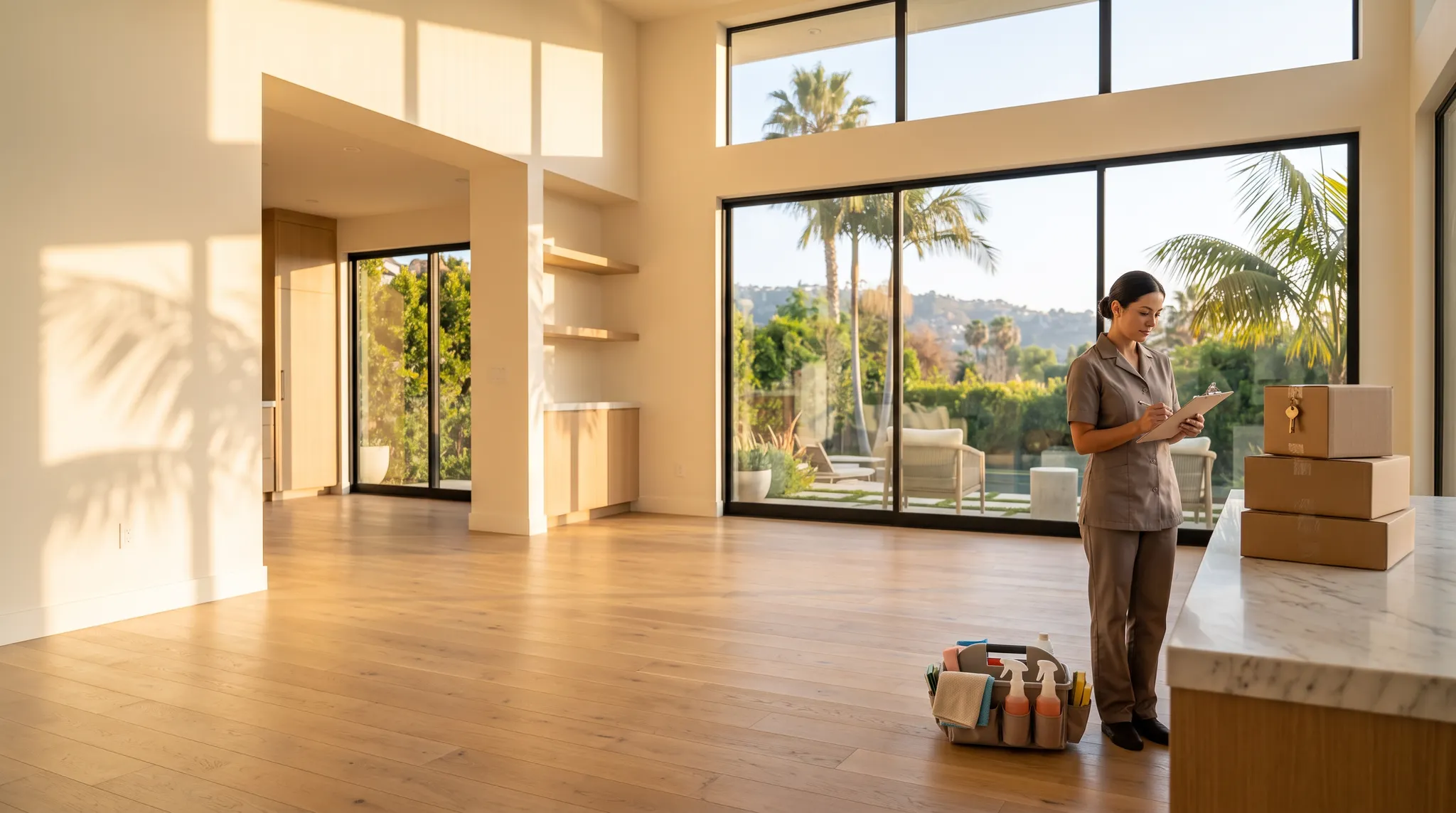 Professional cleaner reviewing a move-in cleaning scope in an empty Los Angeles home at golden hour