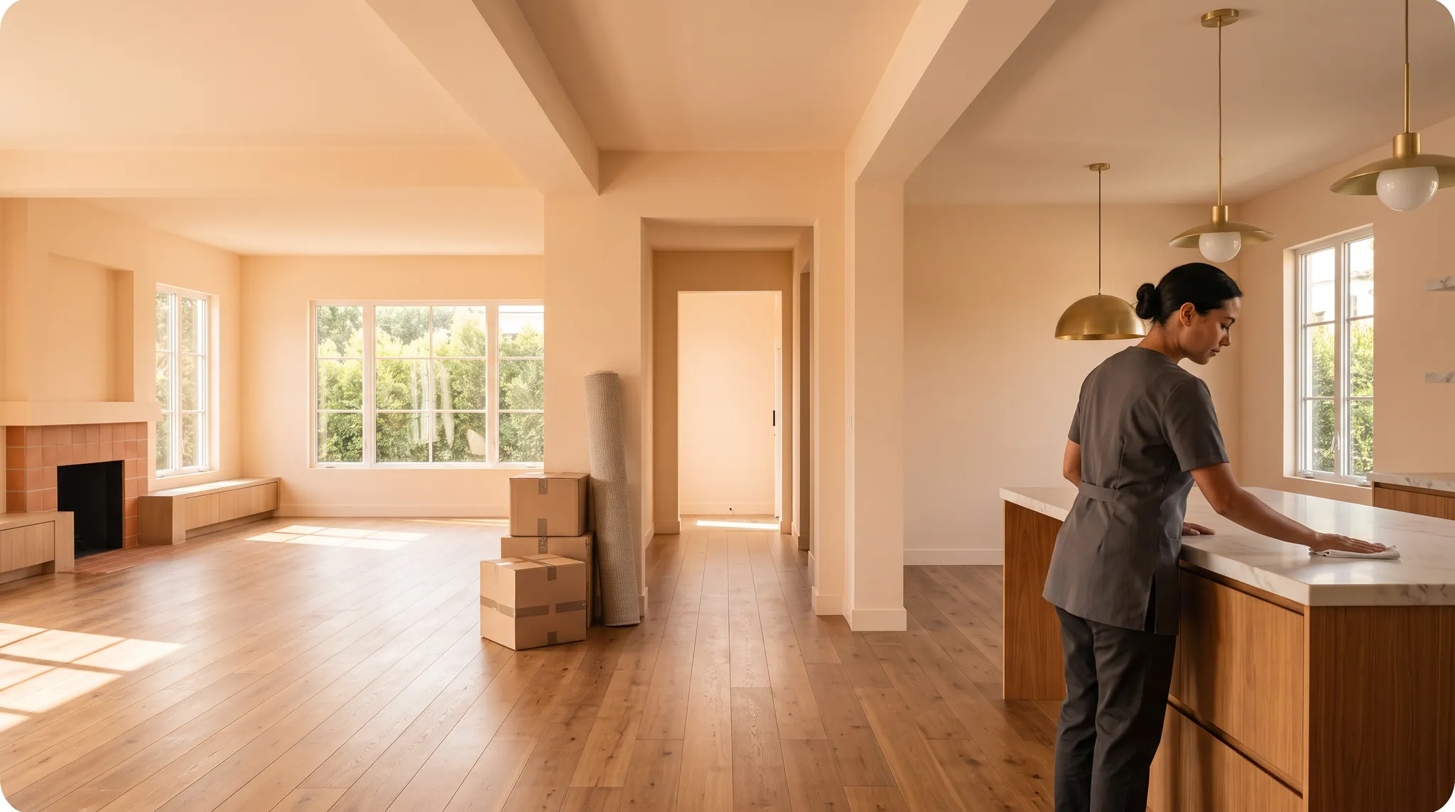 Professional cleaner preparing an empty Los Angeles home before moving boxes arrive