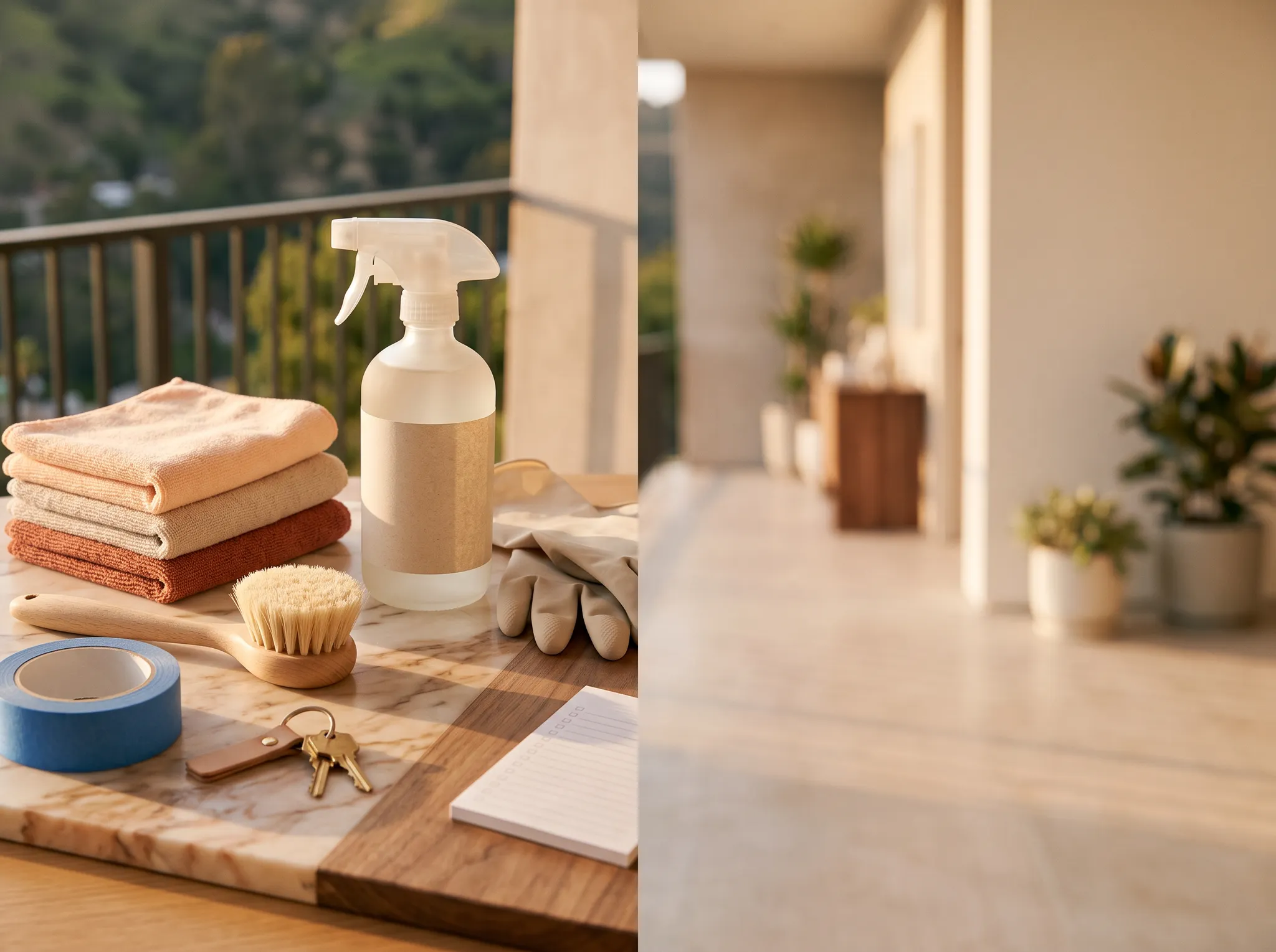 Cleaning cloths, surface-safe supplies, keys, and moving-day notes arranged for a move-in cleaning handoff