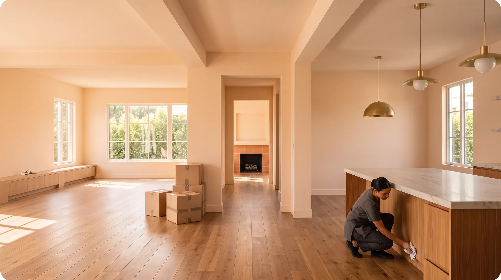 Professional cleaner working in a warm Los Angeles home during a move-related cleaning