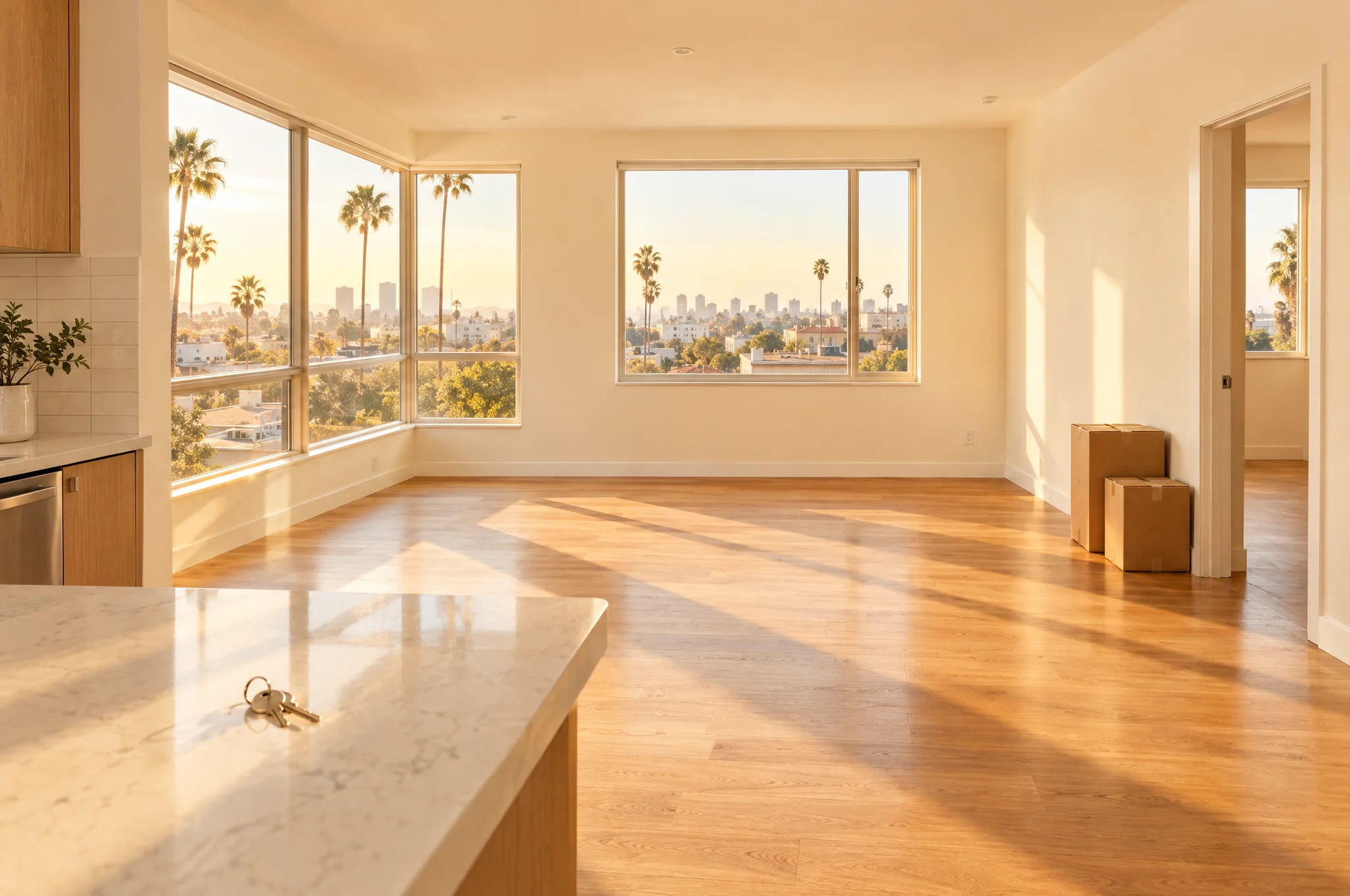Empty Los Angeles apartment with moving boxes and keys in warm afternoon light