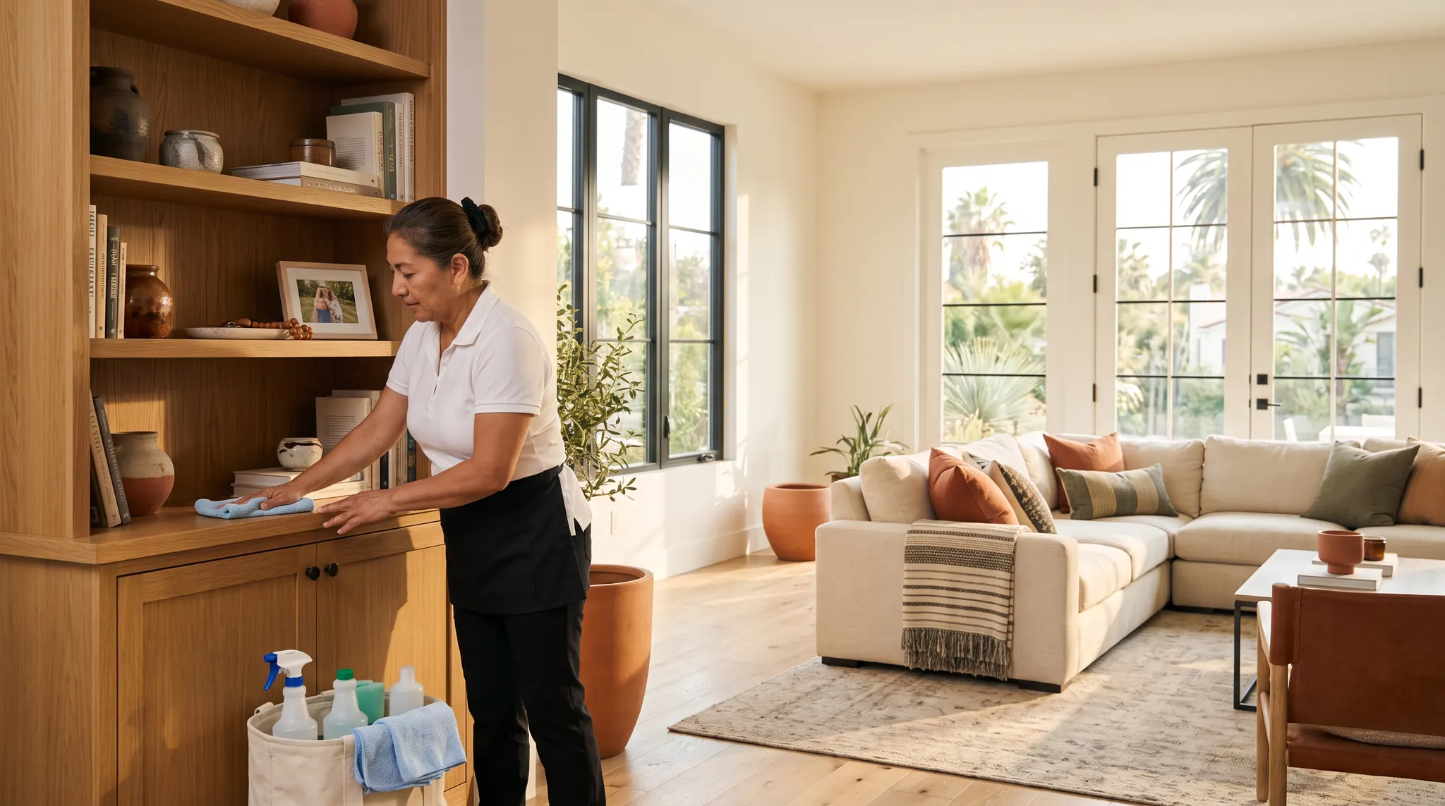 Professional cleaner dusting a warm North Hollywood living room