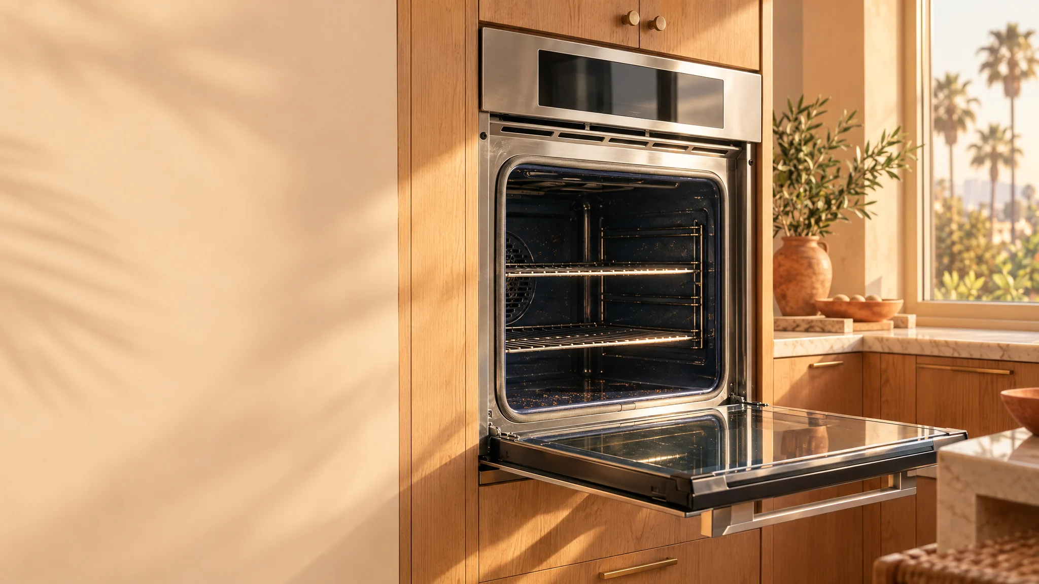 Illustrative photograph of a cool open oven in a golden-hour Los Angeles kitchen