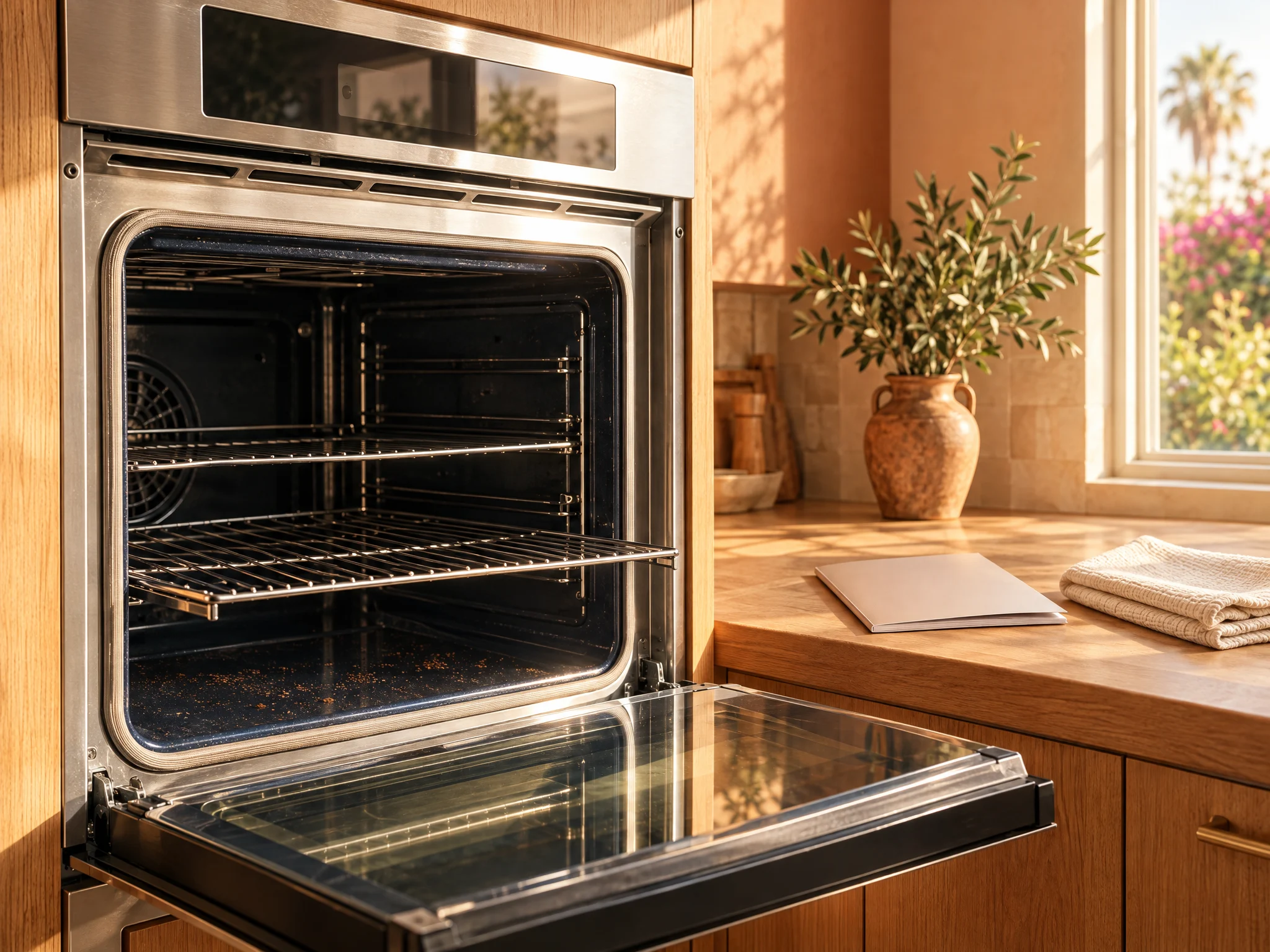 Illustrative open oven with its removable rack beside a care booklet and folded cloth