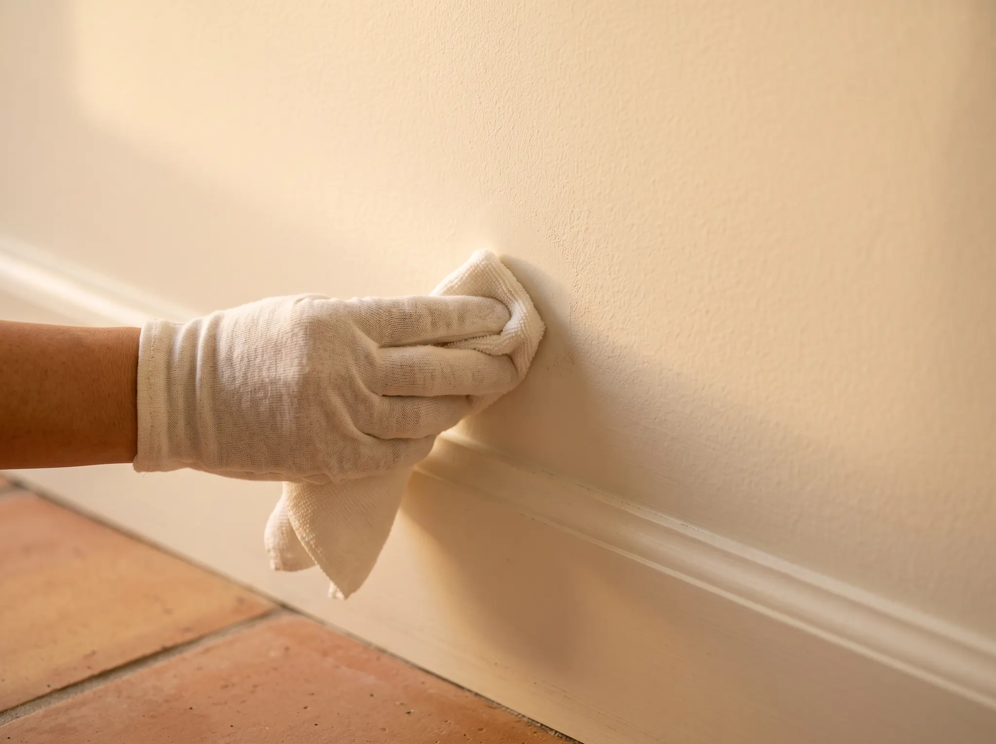 Microfiber cloth testing a hidden area of a warm ivory painted wall