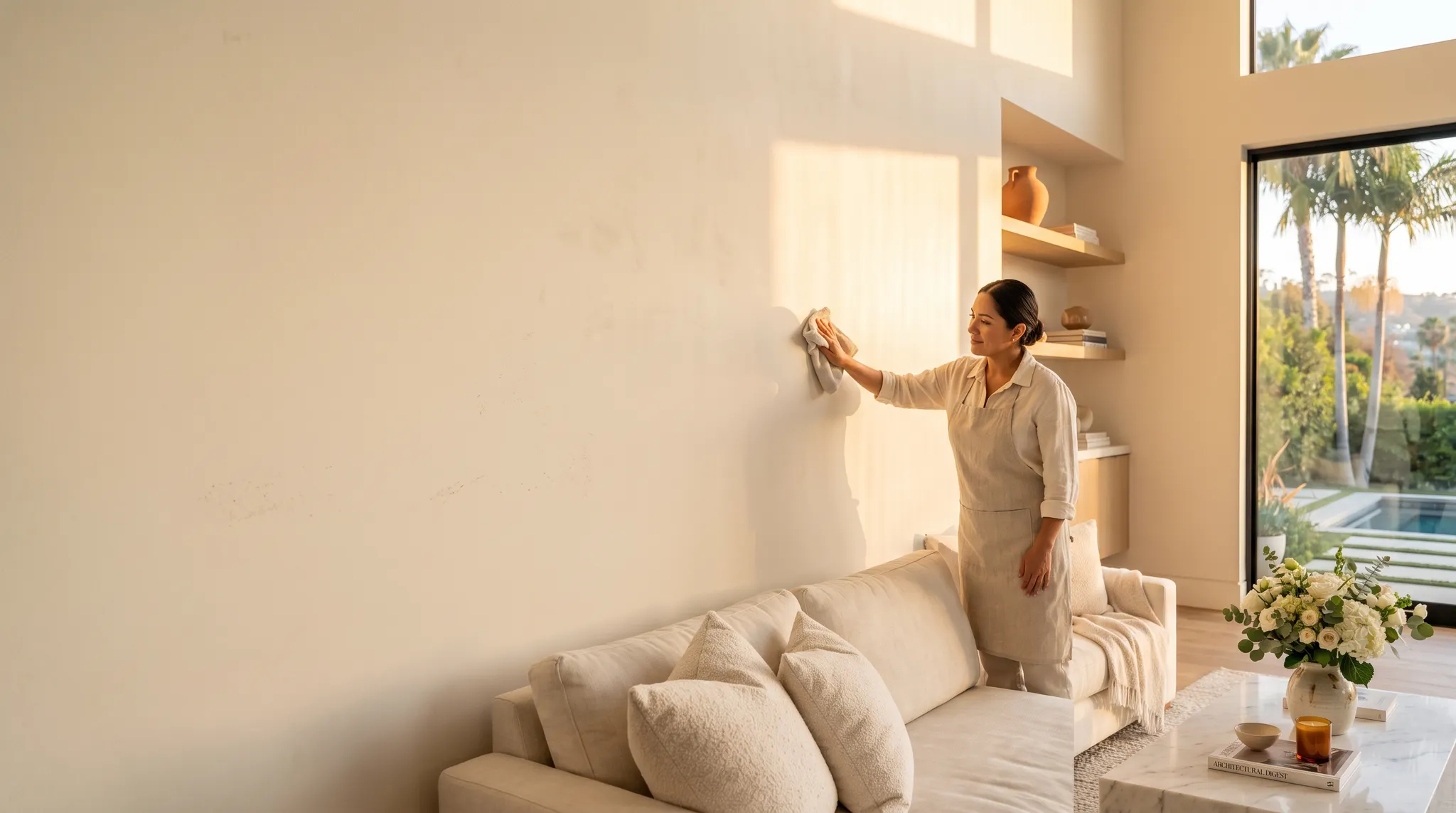 Professional cleaner gently wiping a painted wall in a warm sunlit Los Angeles living room