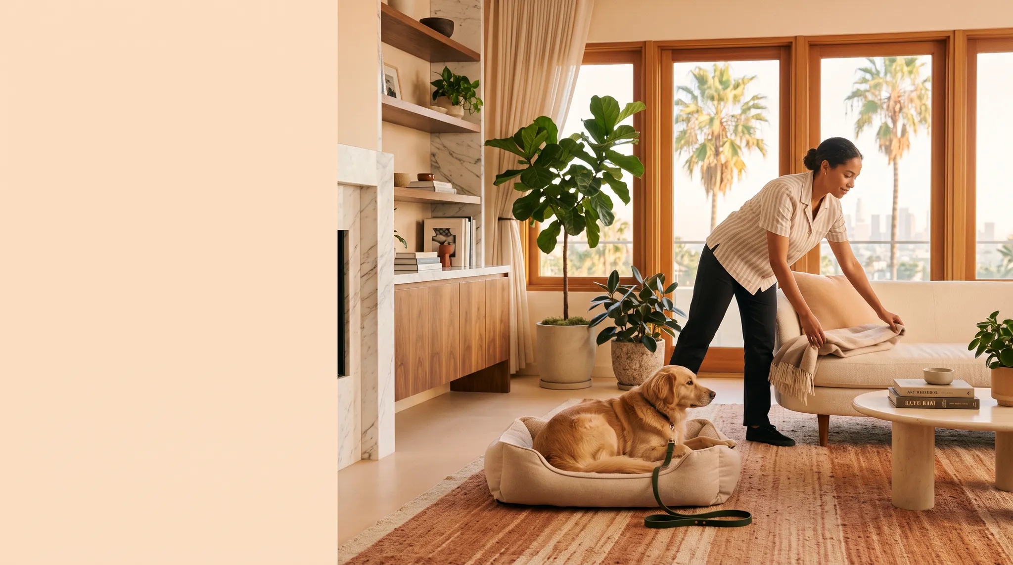 Professional cleaner working in a warm Los Angeles living room while a dog rests nearby