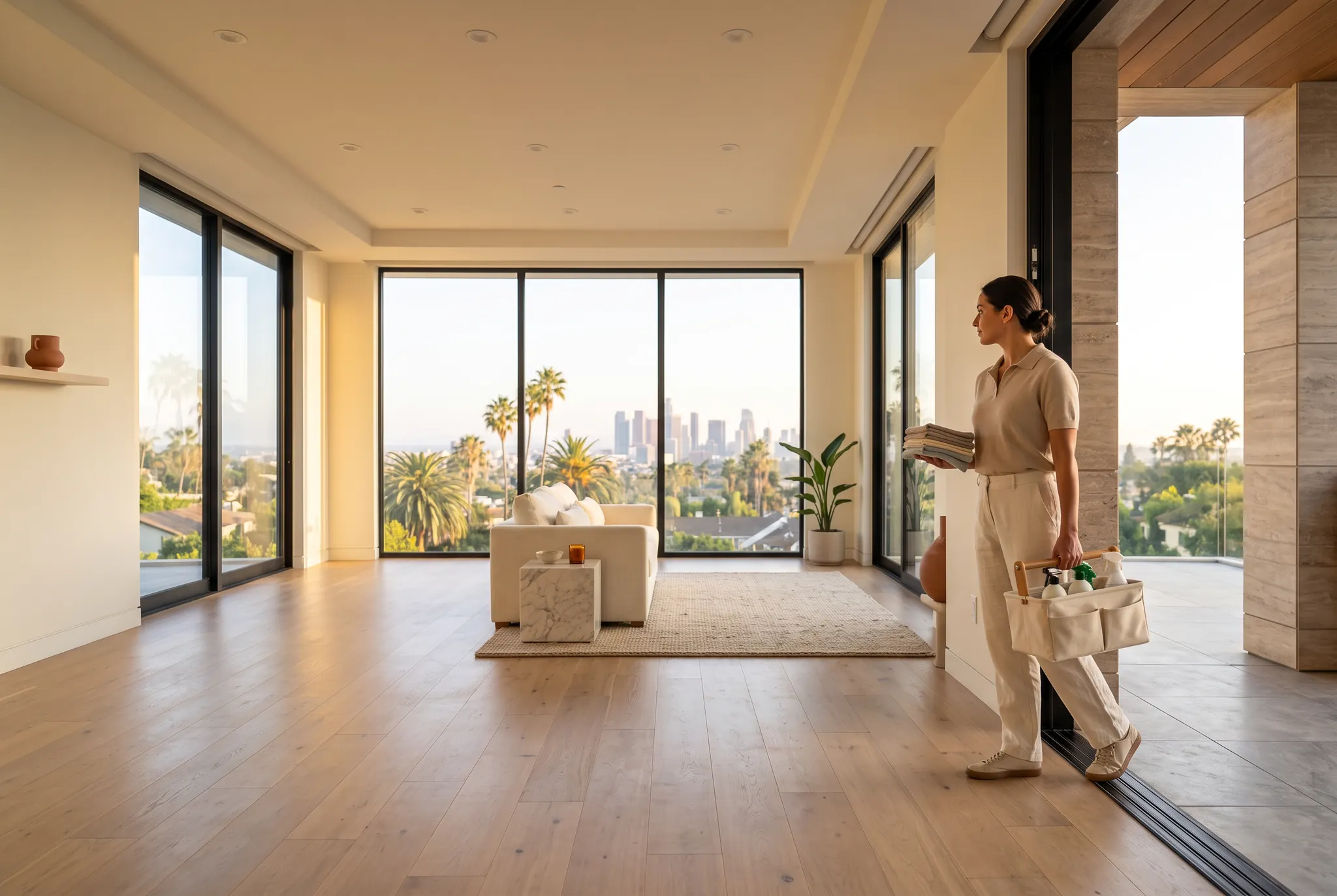 Professional cleaner arriving at a warm modern Playa Vista residence