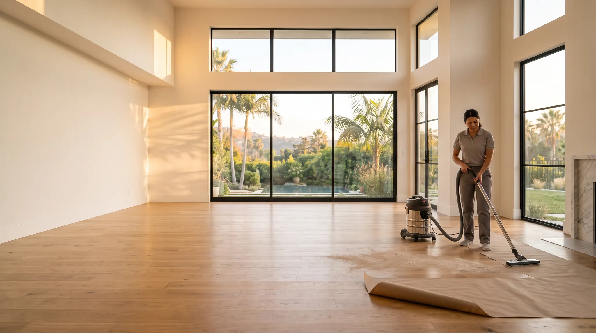Professional cleaner vacuuming fine dust in a completed Los Angeles home renovation