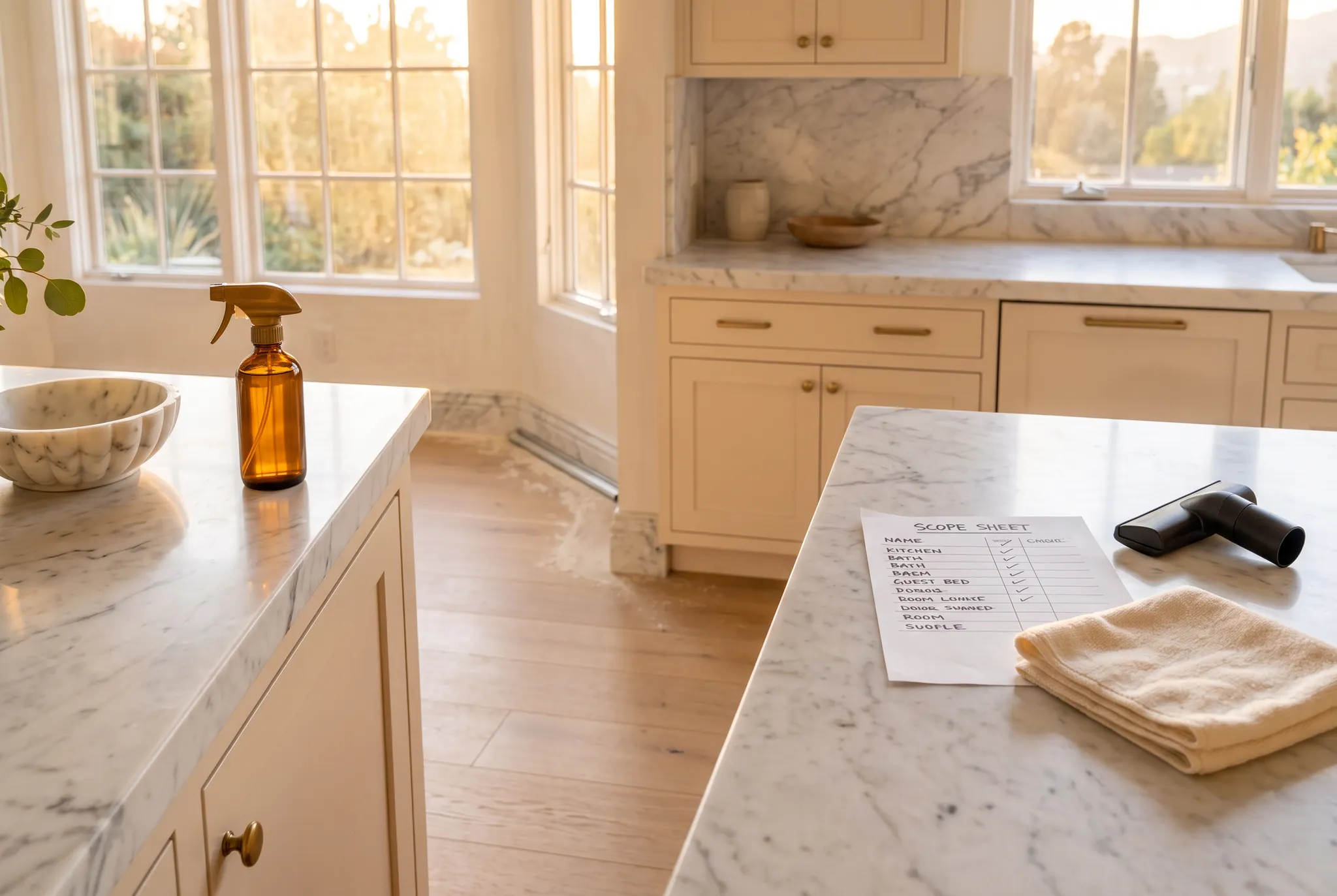 Fine-dust detail and a written room scope in a newly renovated Los Angeles kitchen