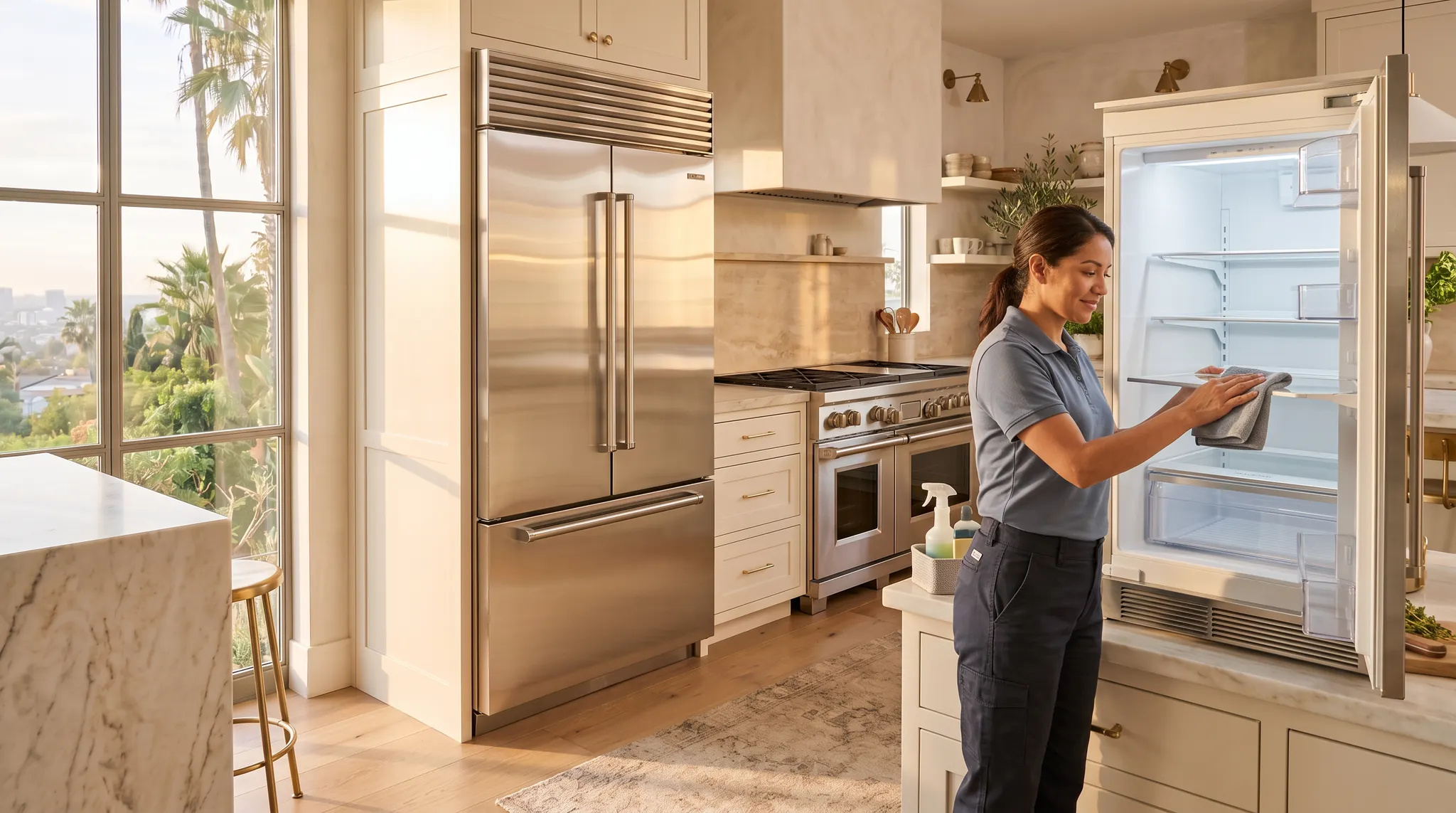 Professional cleaner wiping an open refrigerator in a golden-hour Los Angeles kitchen