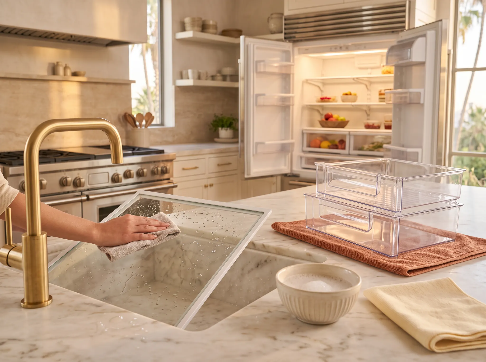Removable refrigerator shelf and drawers being cleaned beside a Los Angeles kitchen sink