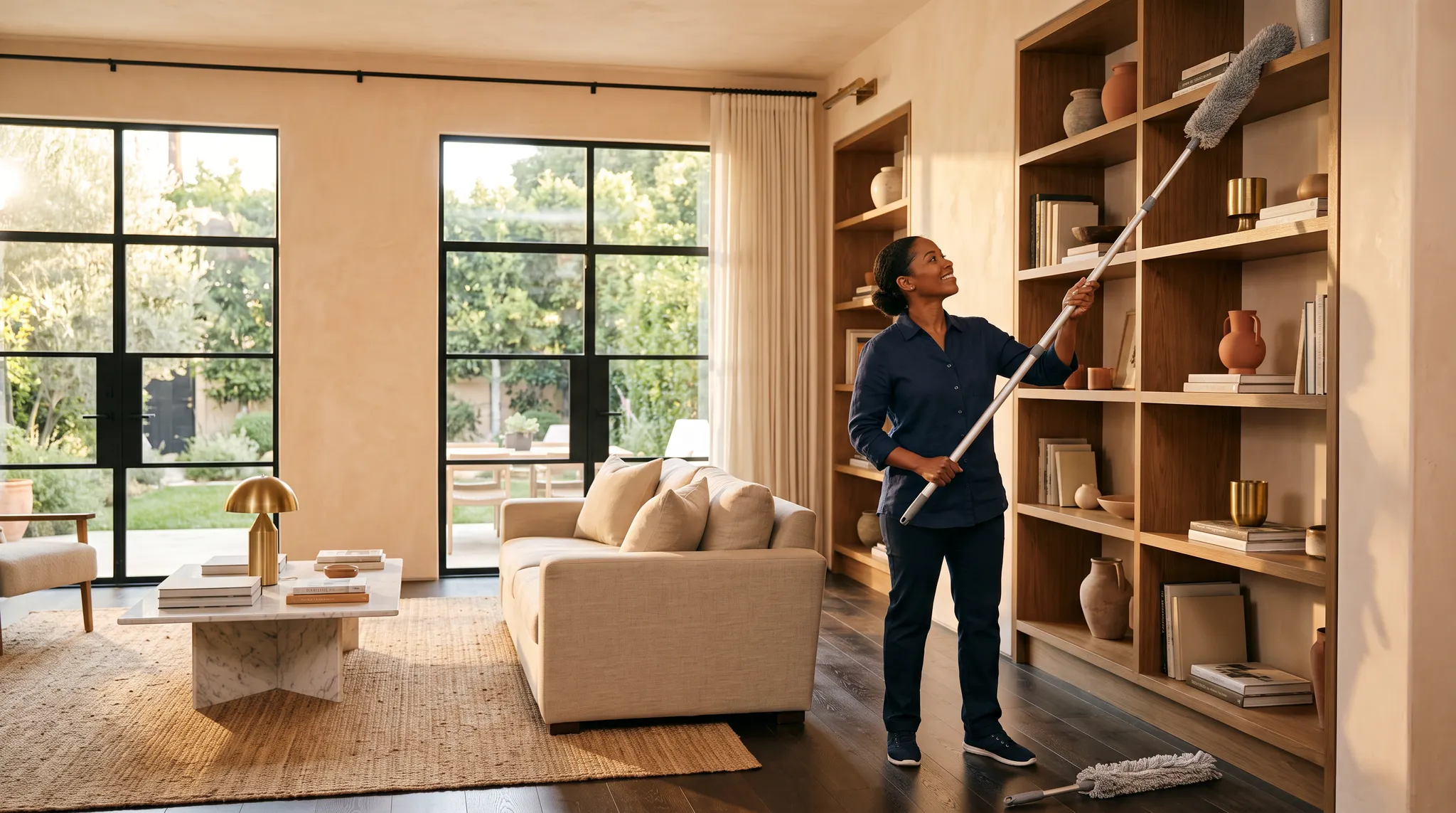 Professional cleaner dusting open shelving in a warm Los Angeles living room