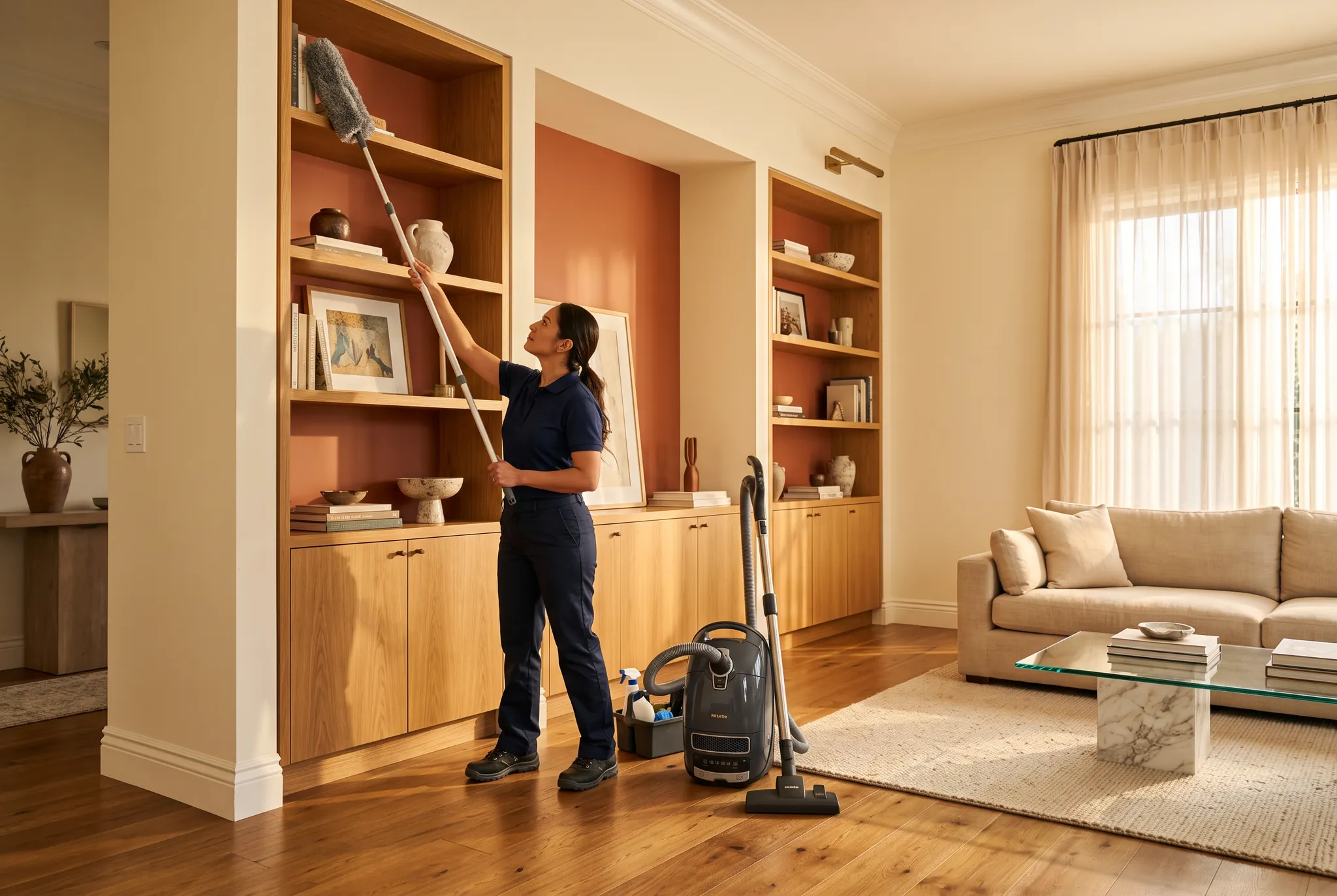 Professional cleaner working from upper shelving downward in a golden-hour Los Angeles interior