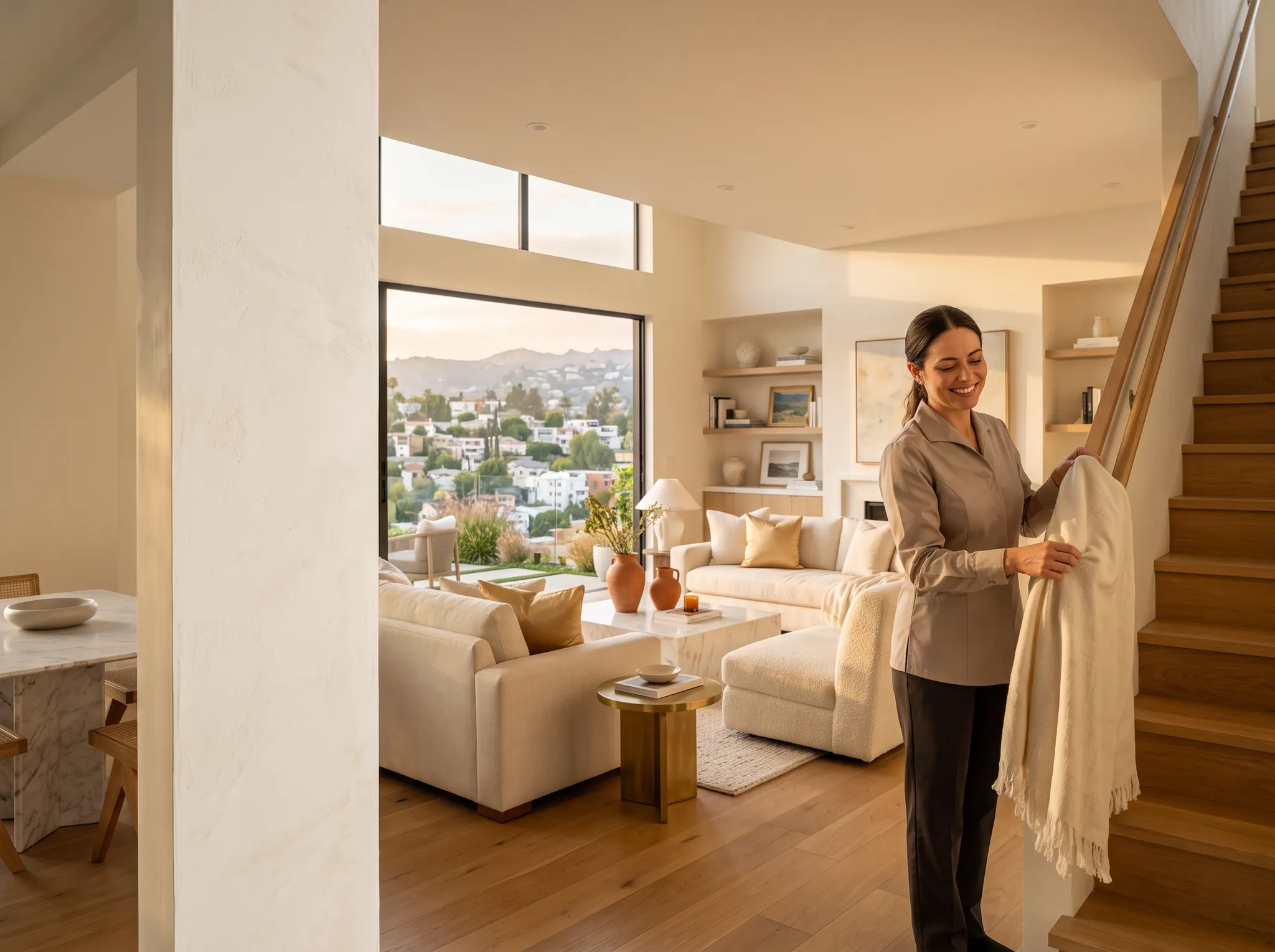 Professional cleaner in a warm Silver Lake hillside home at golden hour