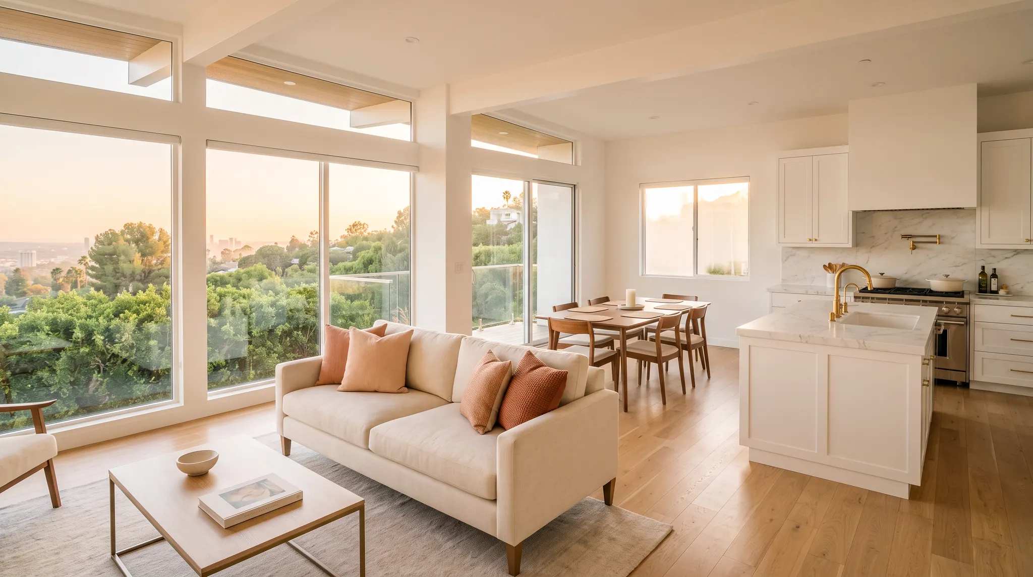 Open-plan Los Angeles home showing kitchen, dining, and living zones after routine cleaning