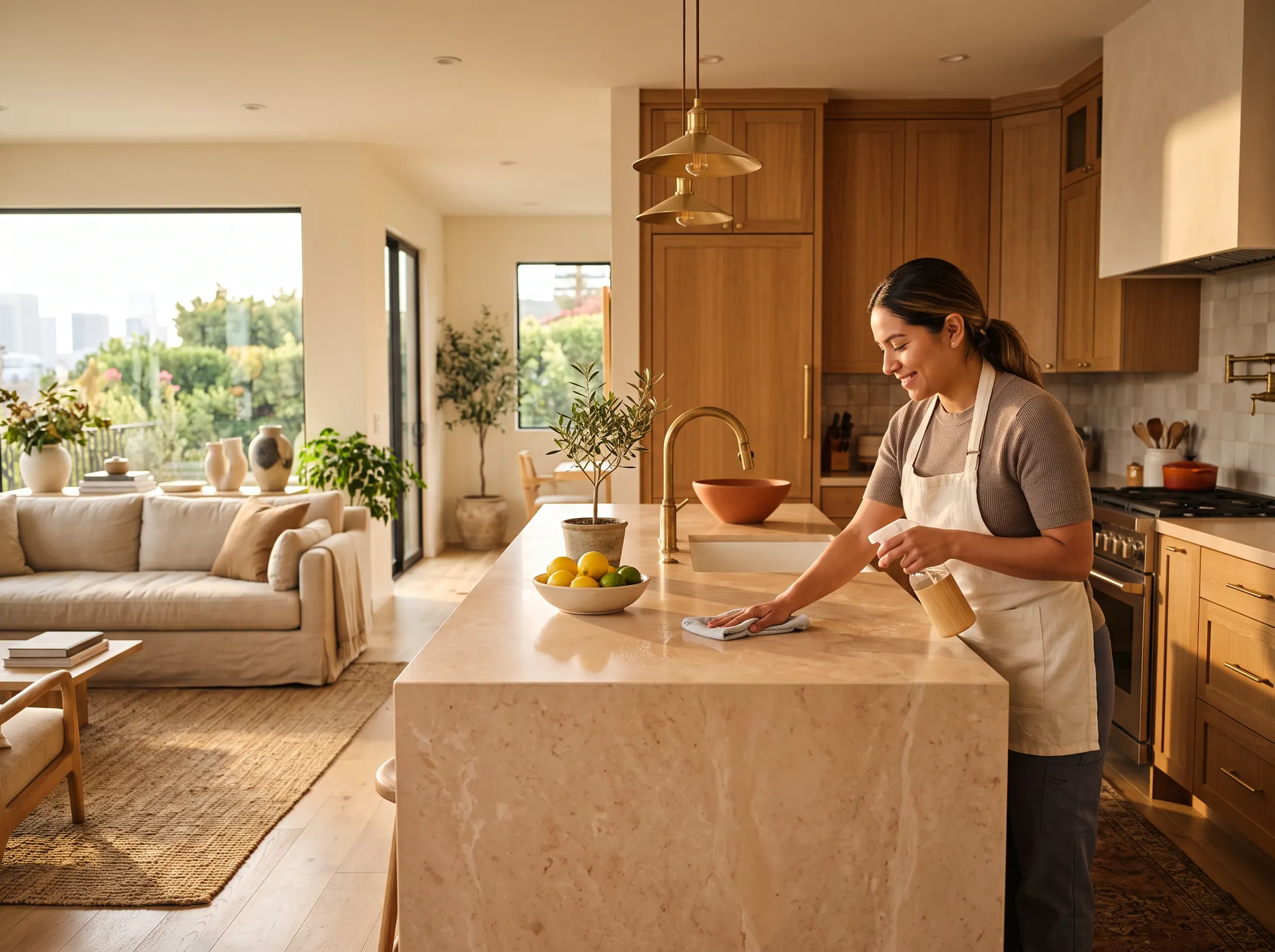 Professional cleaner refreshing a warm Los Angeles kitchen during a standard house cleaning visit