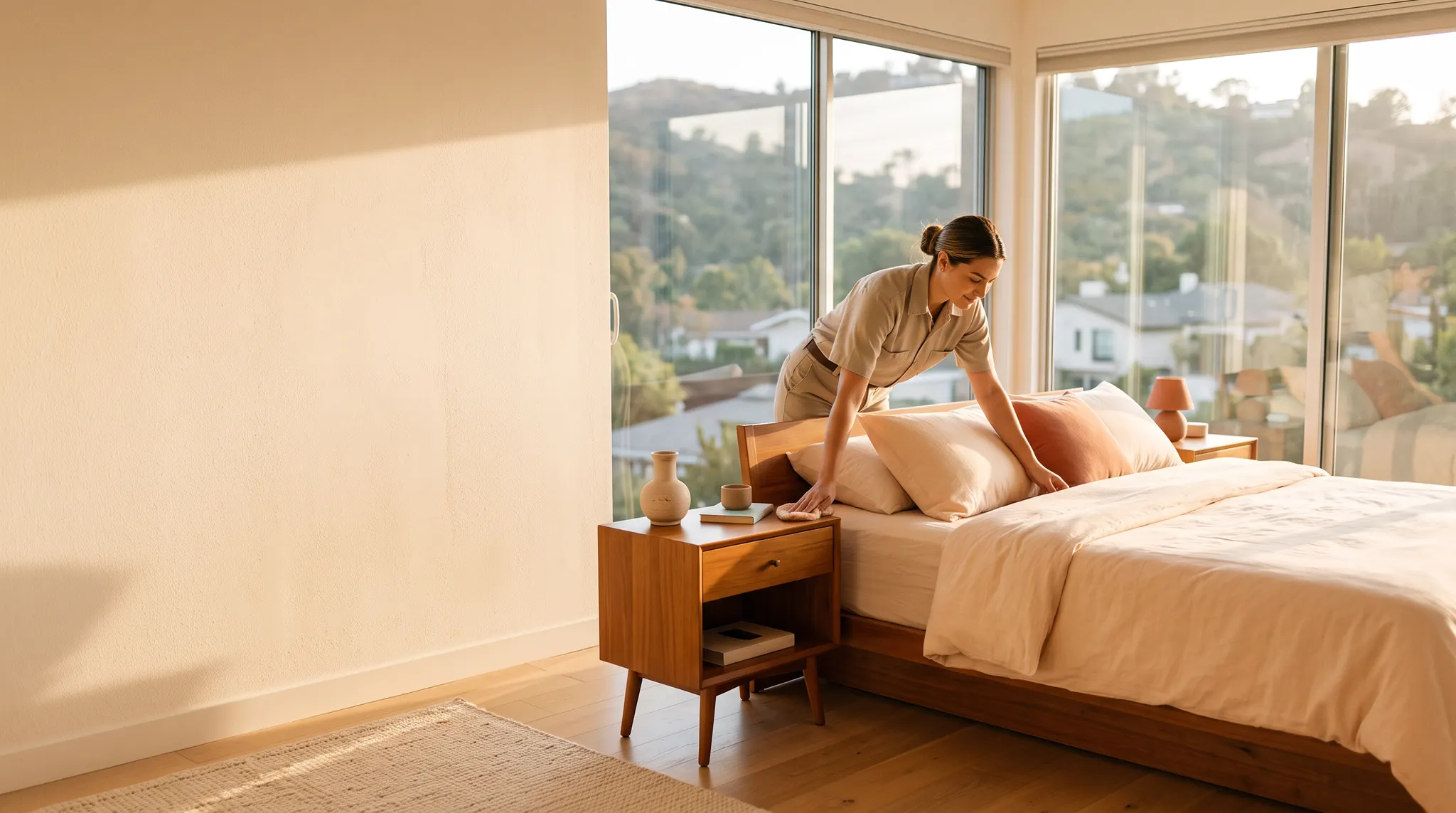 Professional cleaner making final careful passes in a sunlit Los Angeles bedroom