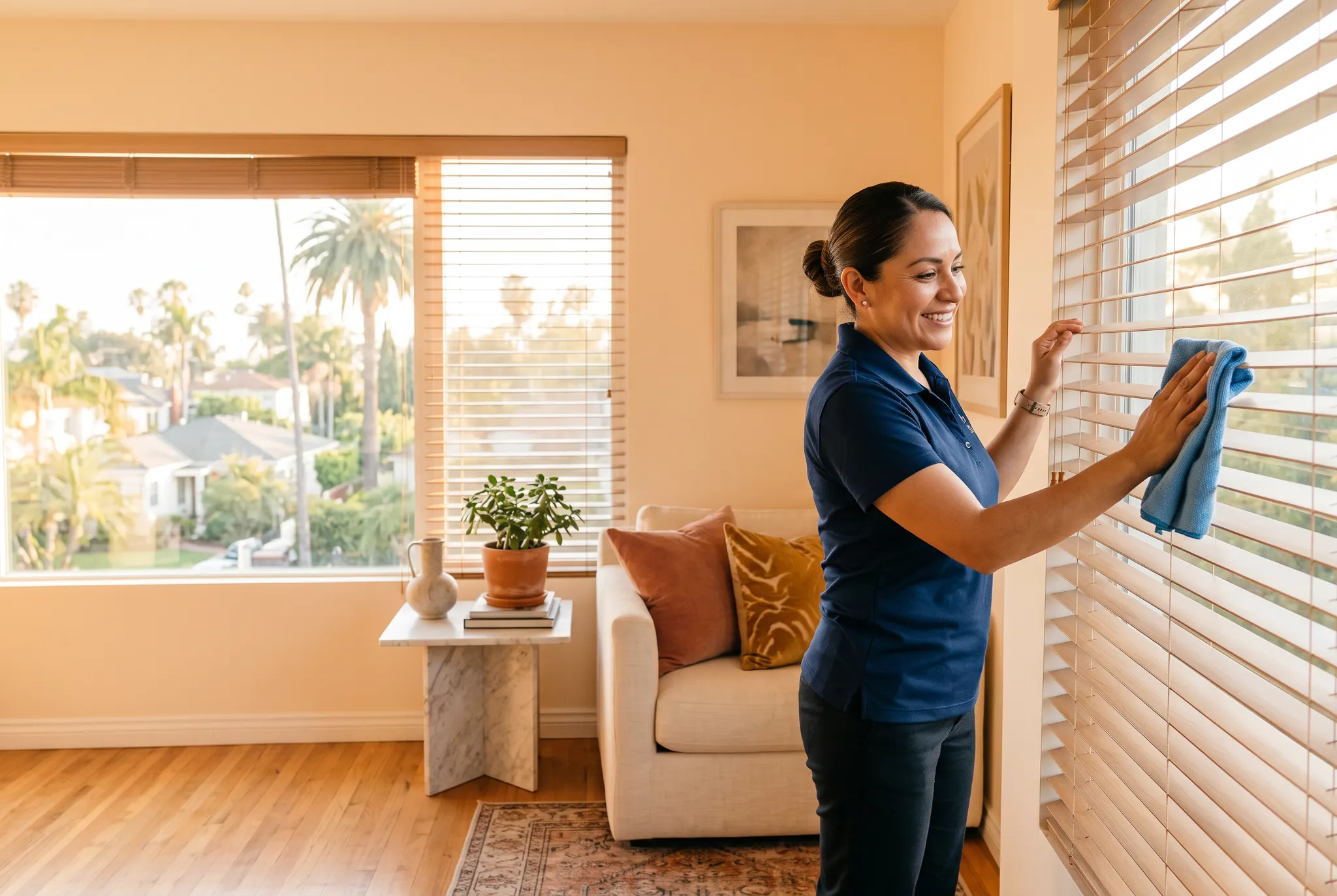 Professional cleaner dusting window blinds in a sunlit Los Angeles living room
