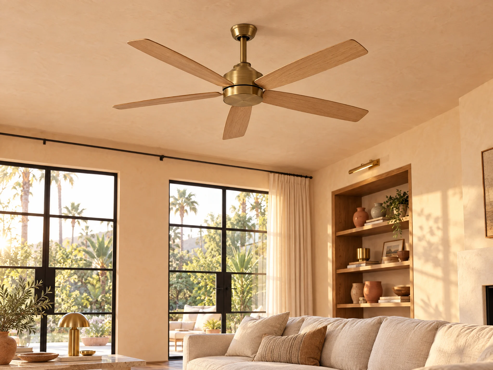 Stationary oak-blade ceiling fan in a sunlit Los Angeles living room
