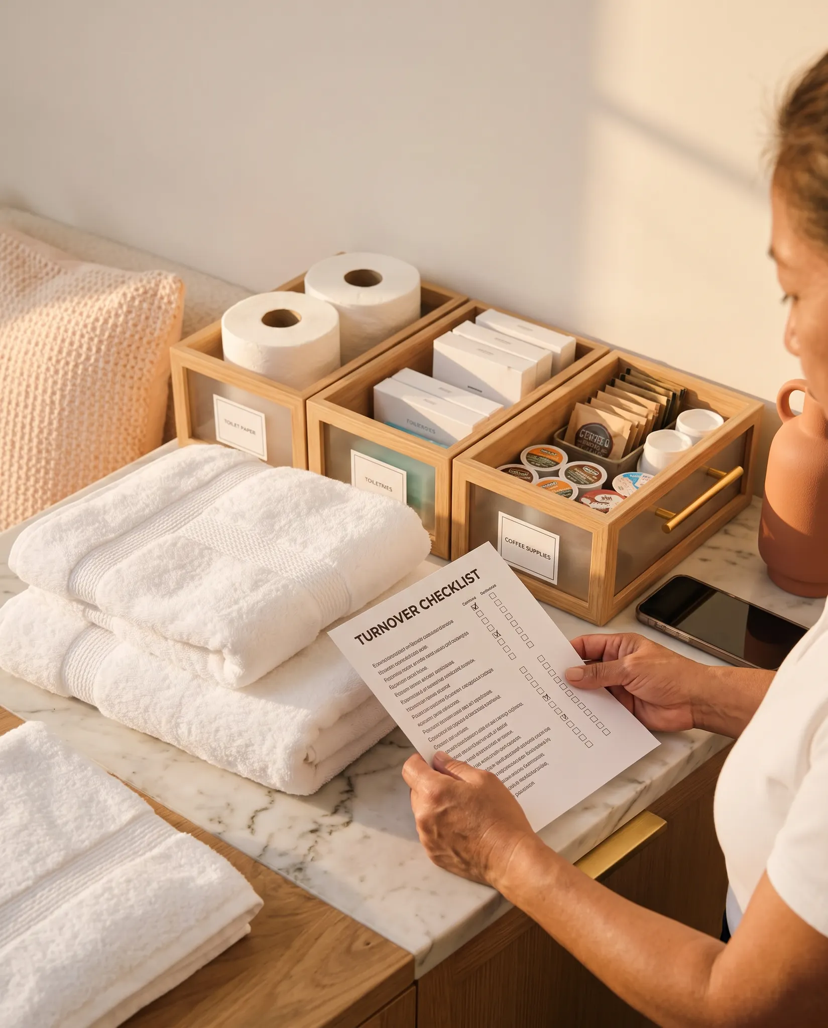 Cleaner reviewing a vacation-rental turnover checklist beside folded towels and organized restock supplies