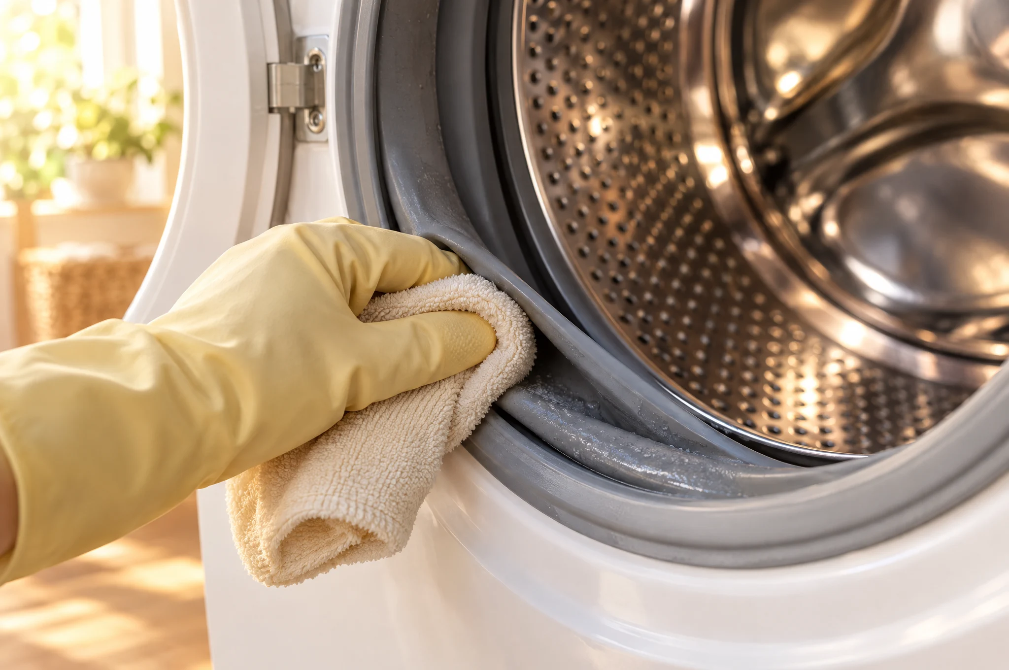 A hand in a yellow rubber glove pulls back a front-load washer's gray door gasket and wipes inside the fold with a cloth