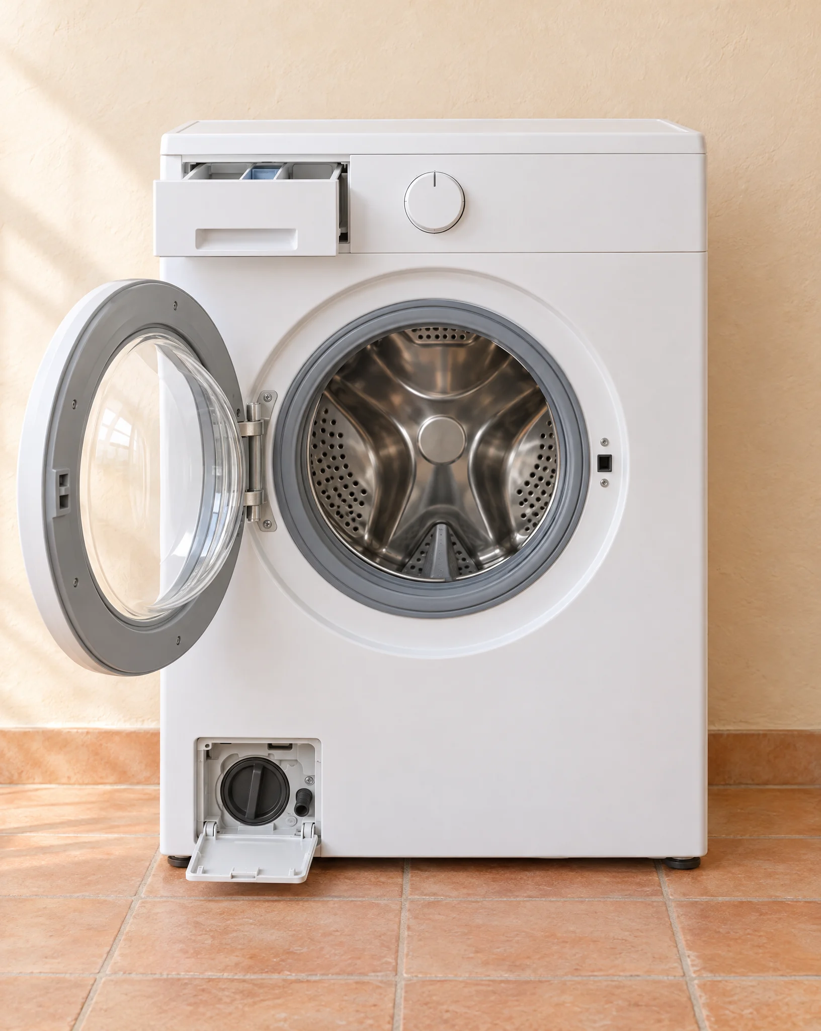 A white front-load washer seen straight on with its door open, detergent drawer pulled out at the top left, a control knob at the top, the stainless drum and gray door gasket in the middle, and the drain pump filter panel open at the bottom left