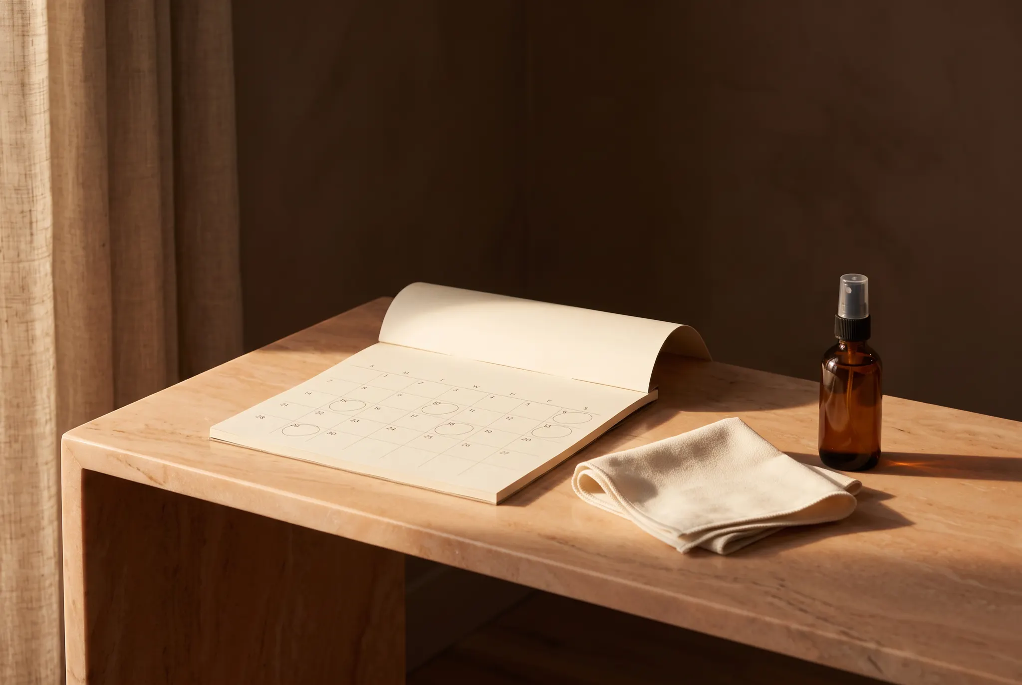 Calendar and cleaning cloth arranged on a marble console