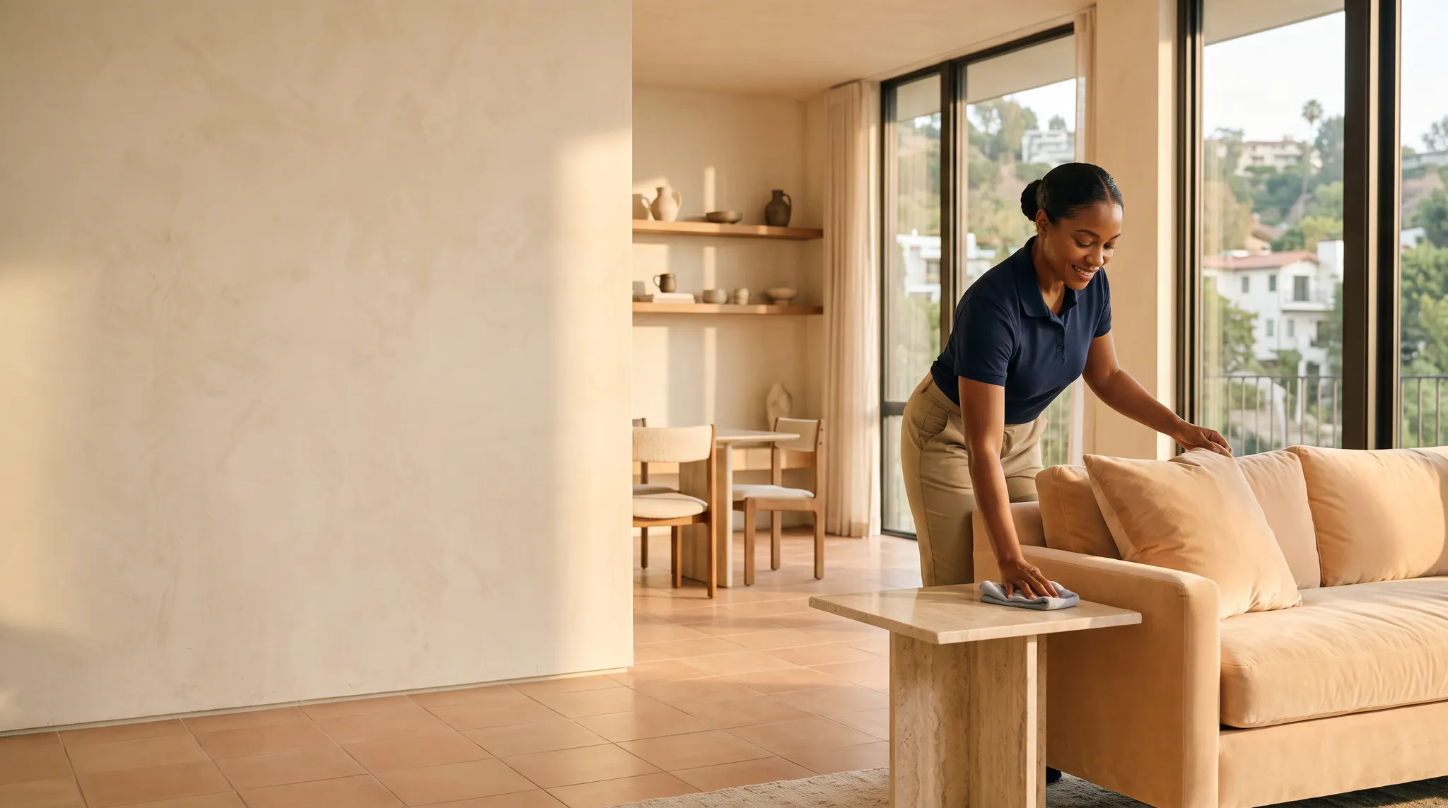 Professional cleaner resetting a sunlit Los Angeles living room